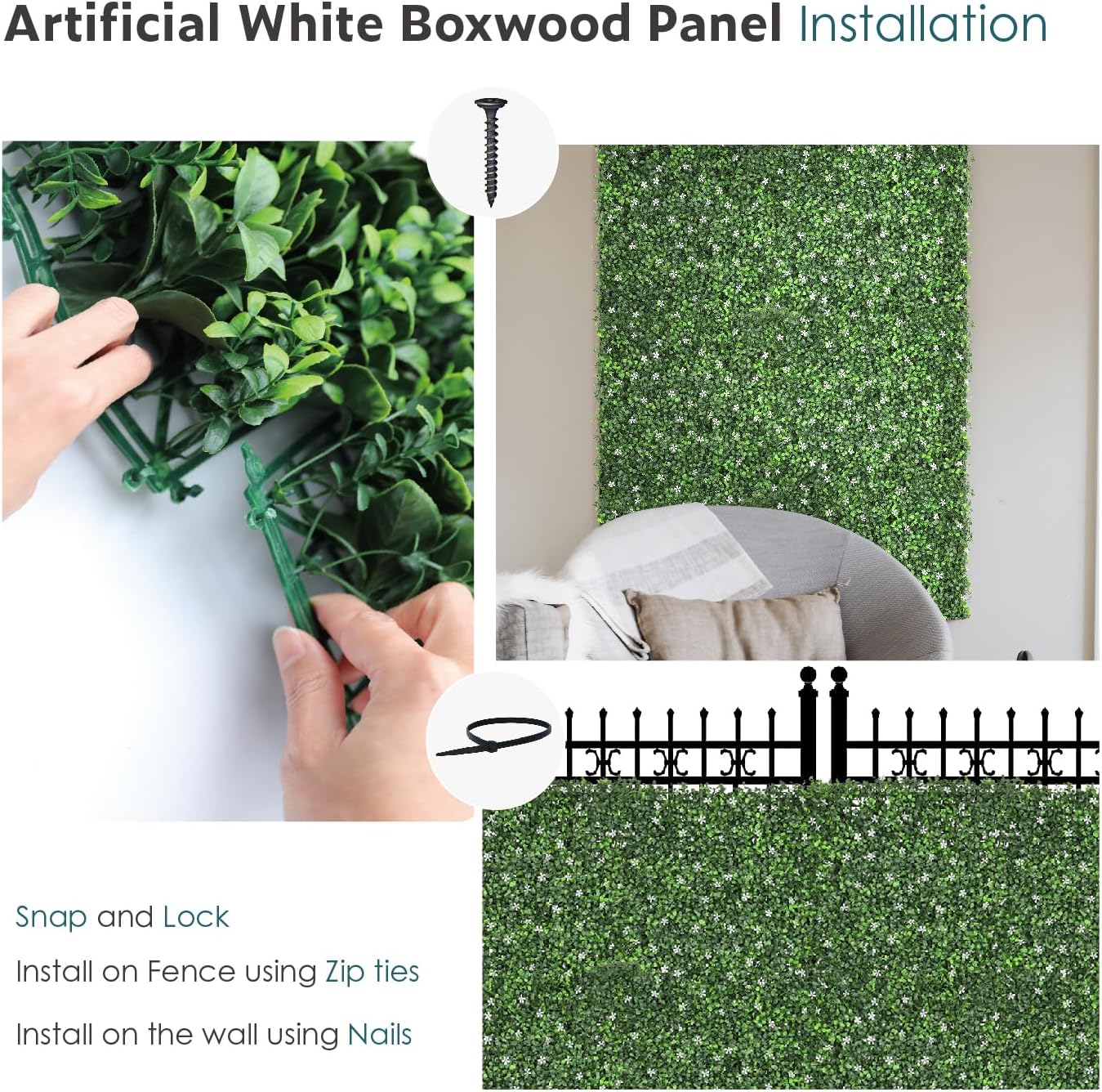 ECOOPTS Panel de madera de boj artificial de 20 x 20 pulgadas con valla de flores, panel de vegetación, valla de privacidad, decoración de hiedra