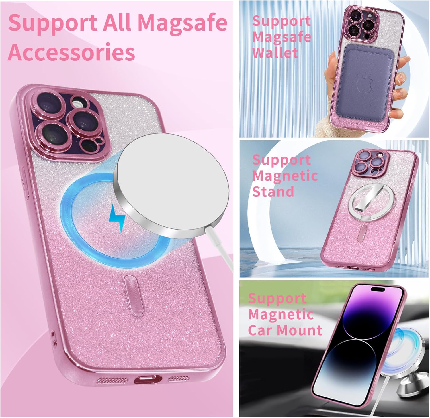 Funda magnética con purpurina para iPhone 15 Pro Max compatible con MagSafe, con protector de lente de cámara y correa de cordón, bonita funda