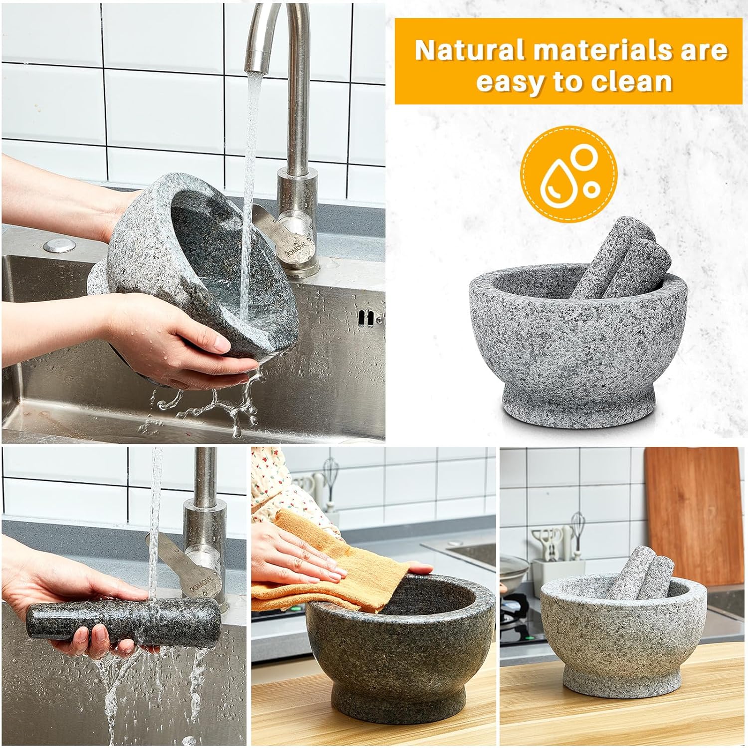 Sliner Juego de mortero y mortero grande de 8 pulgadas con capacidad para 5 tazas, cuencos de granito de guacamole con dos majas de diferentes