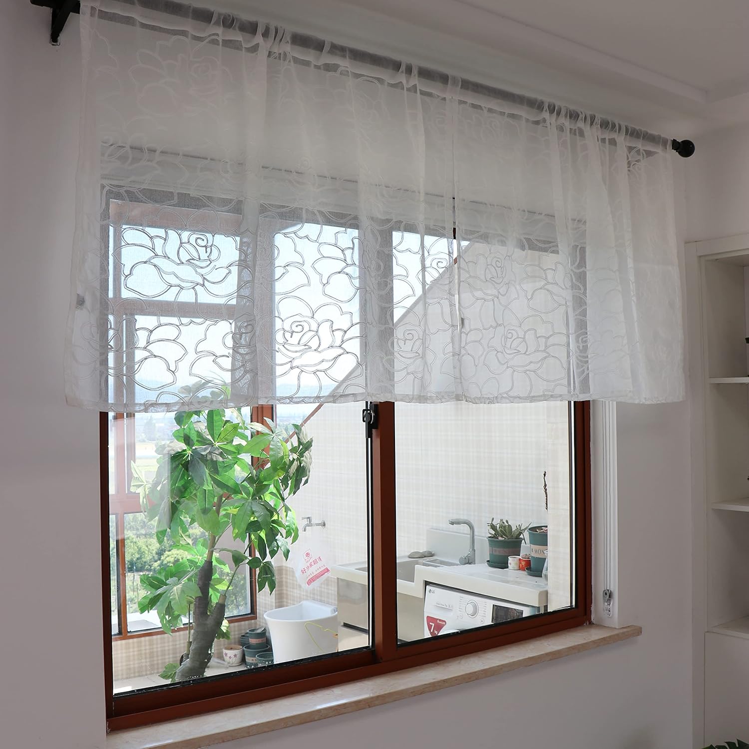 SLOW SOUL Juego de 2 paneles de cortinas traslúcidas con rosas blancas, de lino sintético, semitransparentes, con bordado floral, cortinas para