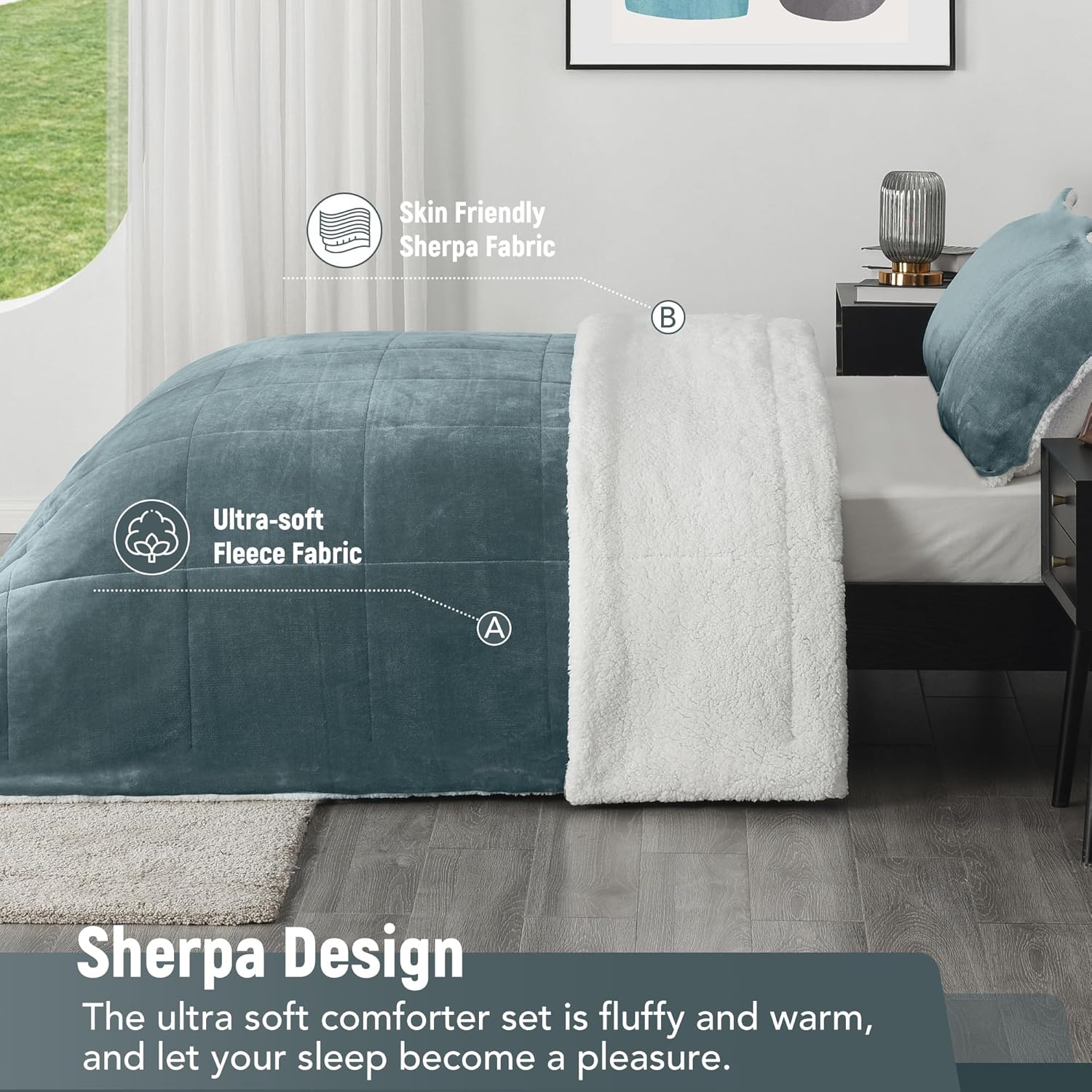 downluxe Juego de edredón ultrasuave de microvisón Sherpa Queen con 2 fundas de almohada, juego de 3 piezas, ciprés, cálido de felpa para otoño e