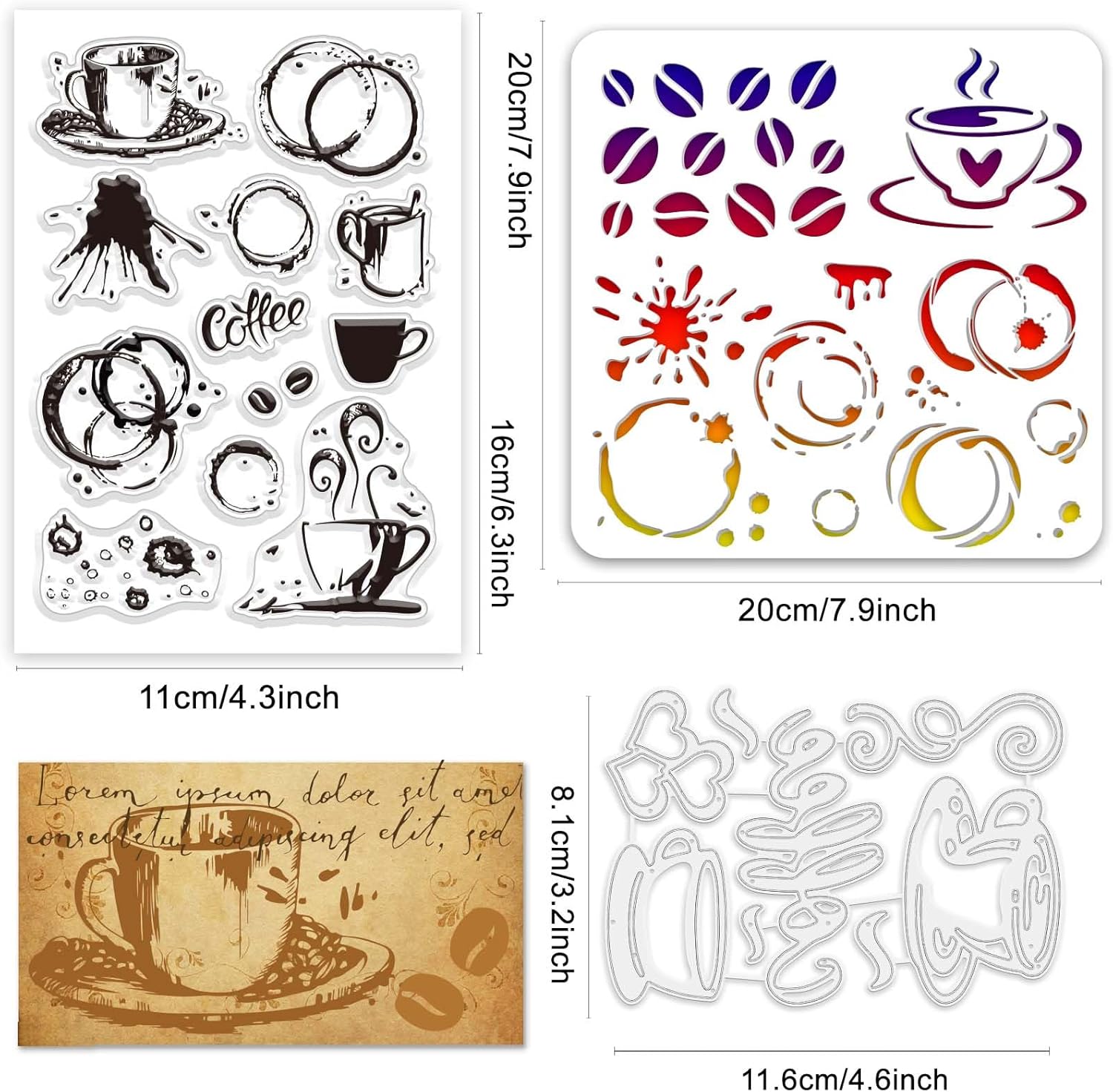 GLOBLELAND Juego de sellos y troqueles transparentes para salpicaduras de café y troqueles para hacer tarjetas, plantillas de PET para decoración de
