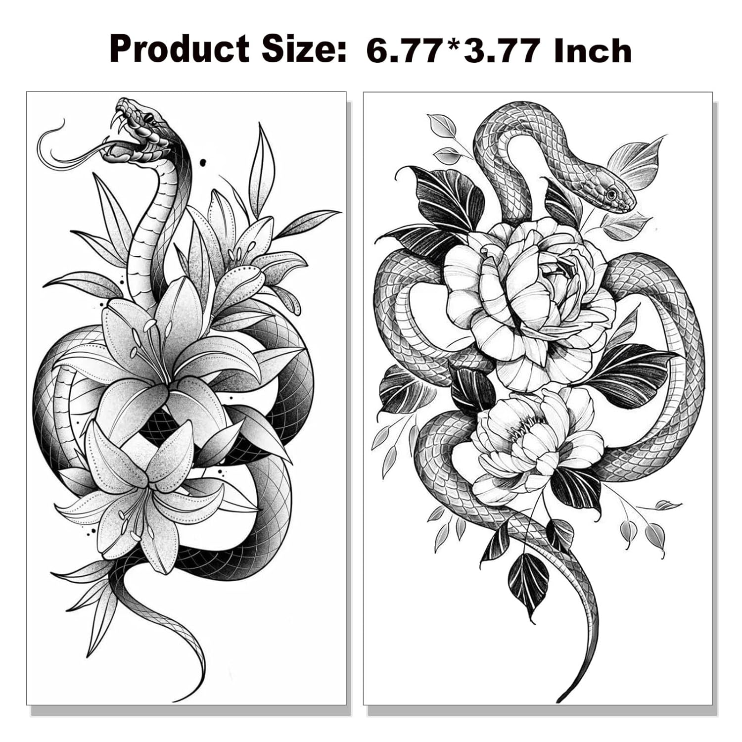 Tatuajes temporales de serpiente, 12 hojas 3D negras realistas de serpiente, rosa, tatuajes florales, calcomanías grandes y sexys de serpiente,