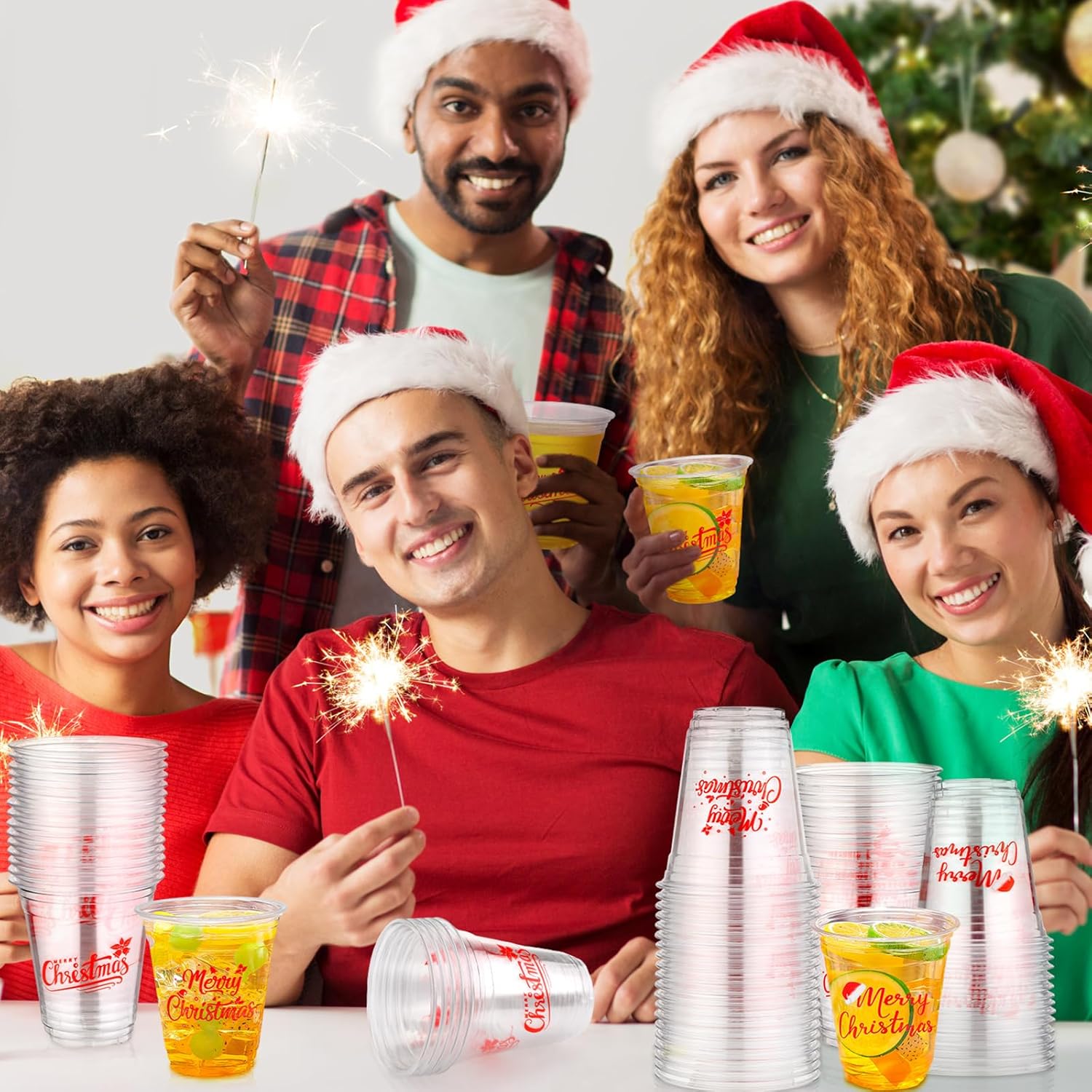 Dandat 100 vasos de Navidad de 12 onzas, vasos de plástico de Navidad, vasos desechables de Navidad, vasos desechables de Navidad, vasos de