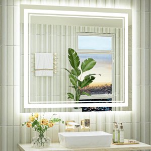 Espejo de baño LED de 40 x 36 pulgadas con luces, retroiluminado + frontal iluminado, espejo de tocador con luz antiniebla para pared de baño, Espejo de baño LED de 40 x 36 pulgadas con luces, retroiluminado + frontal iluminado, espejo de tocador con luz antiniebla para pared de baño,
