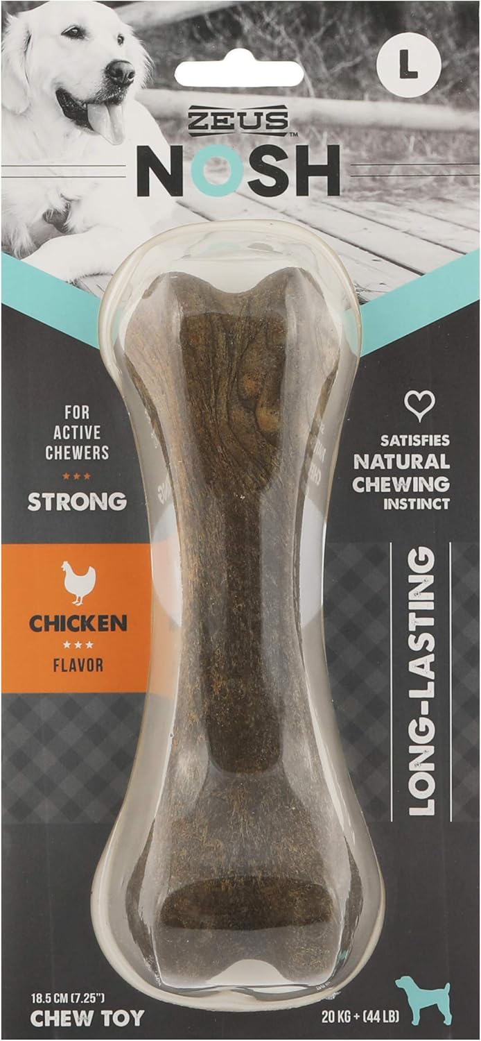 ZEUS Nosh – Huesos fuertes para masticar para perros, juguetes masticables para masticadores agresivos, sabor a pollo de larga duración, grande