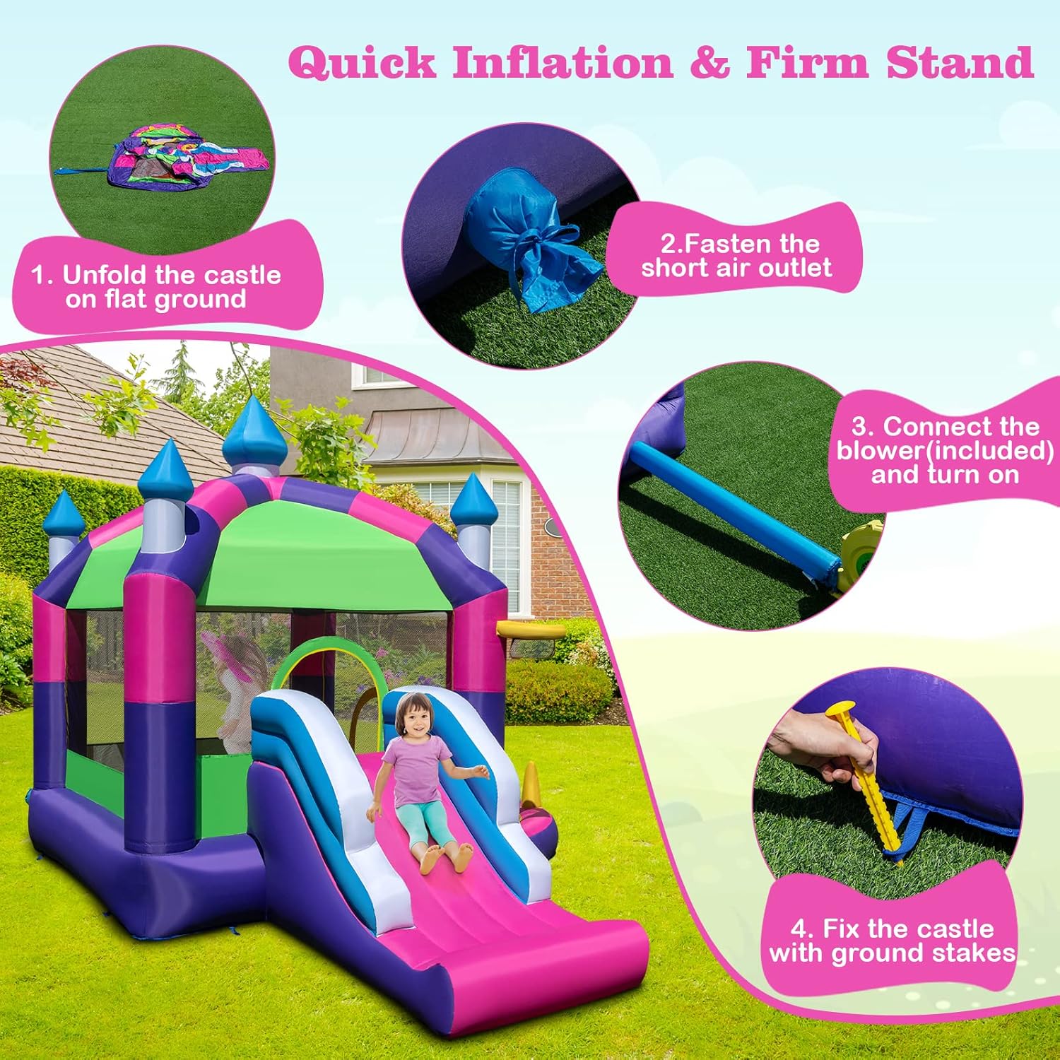 BOUNTECH Casa inflable de rebote con cubierta superior del toldo, casa inflable para niños con tobogán y pozo de pelotas para interiores y