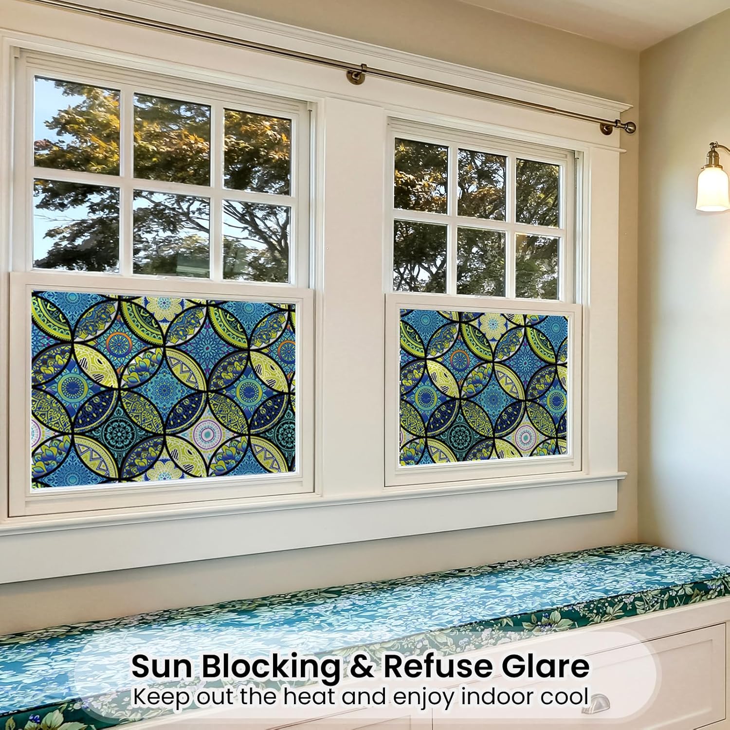 DKTIE Película para ventana de vidrieras con kit de instalación, estilo bohemio, protección de privacidad, luz suavizante, película decorativa para