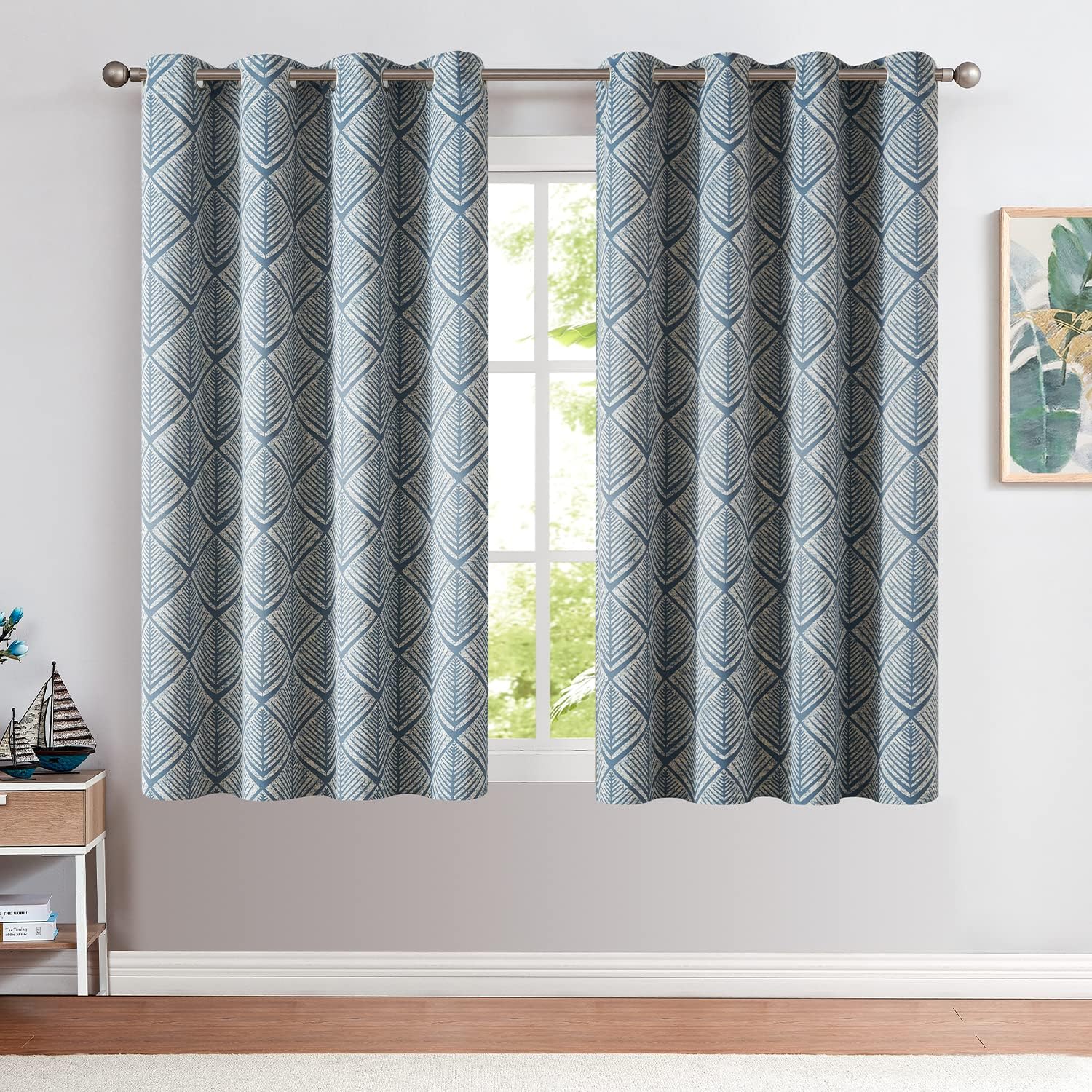 COLLACT Cortinas 80% de opacidad para dormitorio, cortinas con patrón geométrico azul, 63 pulgadas de largo, para oscurecer la sala de estar, con