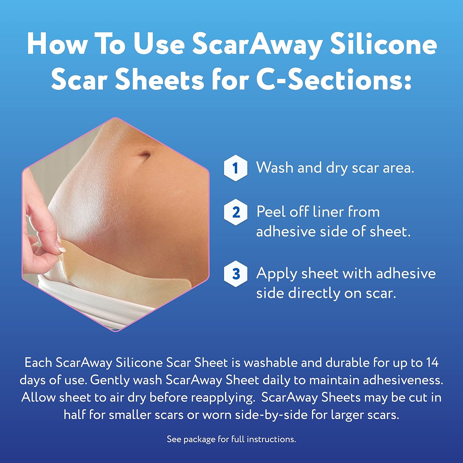 ScarAway Hojas avanzadas de silicona para cicatrices de sección C, hojas reutilizables (1.5 x 7 pulgadas) para cicatrices hipertróficas y queloides