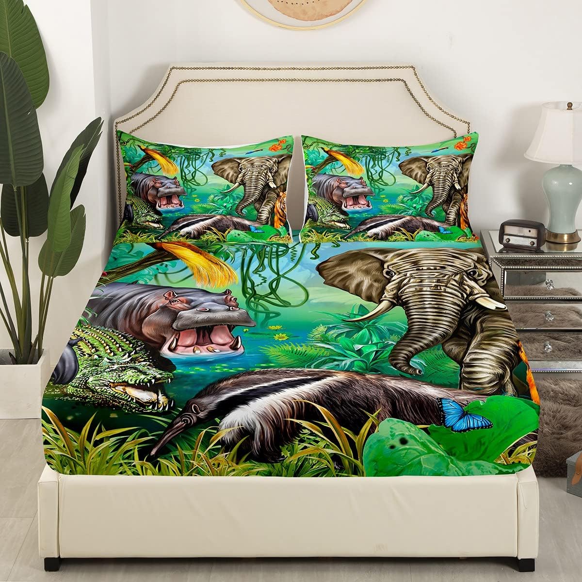 Juego de funda de cama con estampado de animales de la selva, tamaño Queen, diseño de cocodrilo, hipopótamo, elefante, tigre, safari, africano,