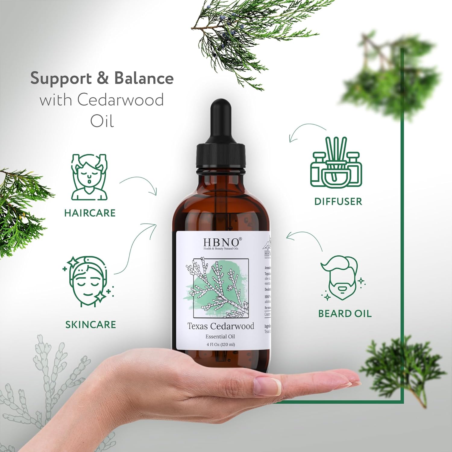 HBNO Aceite esencial de madera de cedro (Texas)  Enorme 4 onzas (4.1 fl oz), aceite de cedro natural, perfecto para limpieza, aromaterapia,