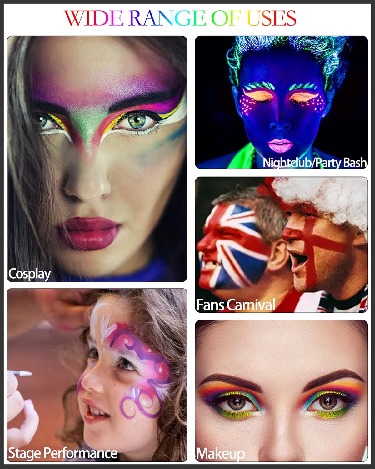 Paleta de pintura activada por agua de neón de 10 colores, gráfico hidra de brillo UV de arcoíris mate, delineador de ojos neón luminoso de color,
