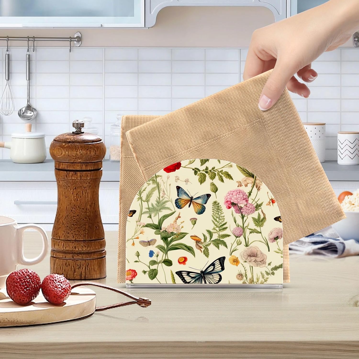 Servilletero de mesa de flores y mariposas, servilleteros acrílicos para baño, servilletero, soporte vertical para mesa y encimera de cocina
