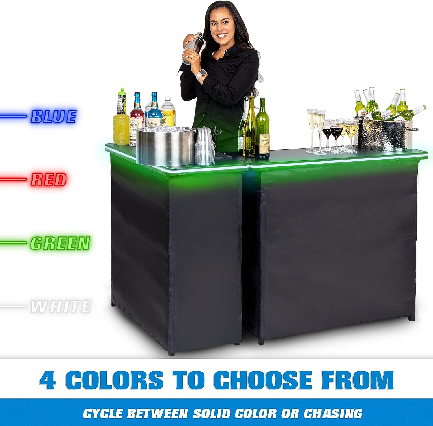 GoBar – Juego de mesa portátil de doble barra con luces LED multicolores, estación móvil de barman para eventos, incluye funda de transporte