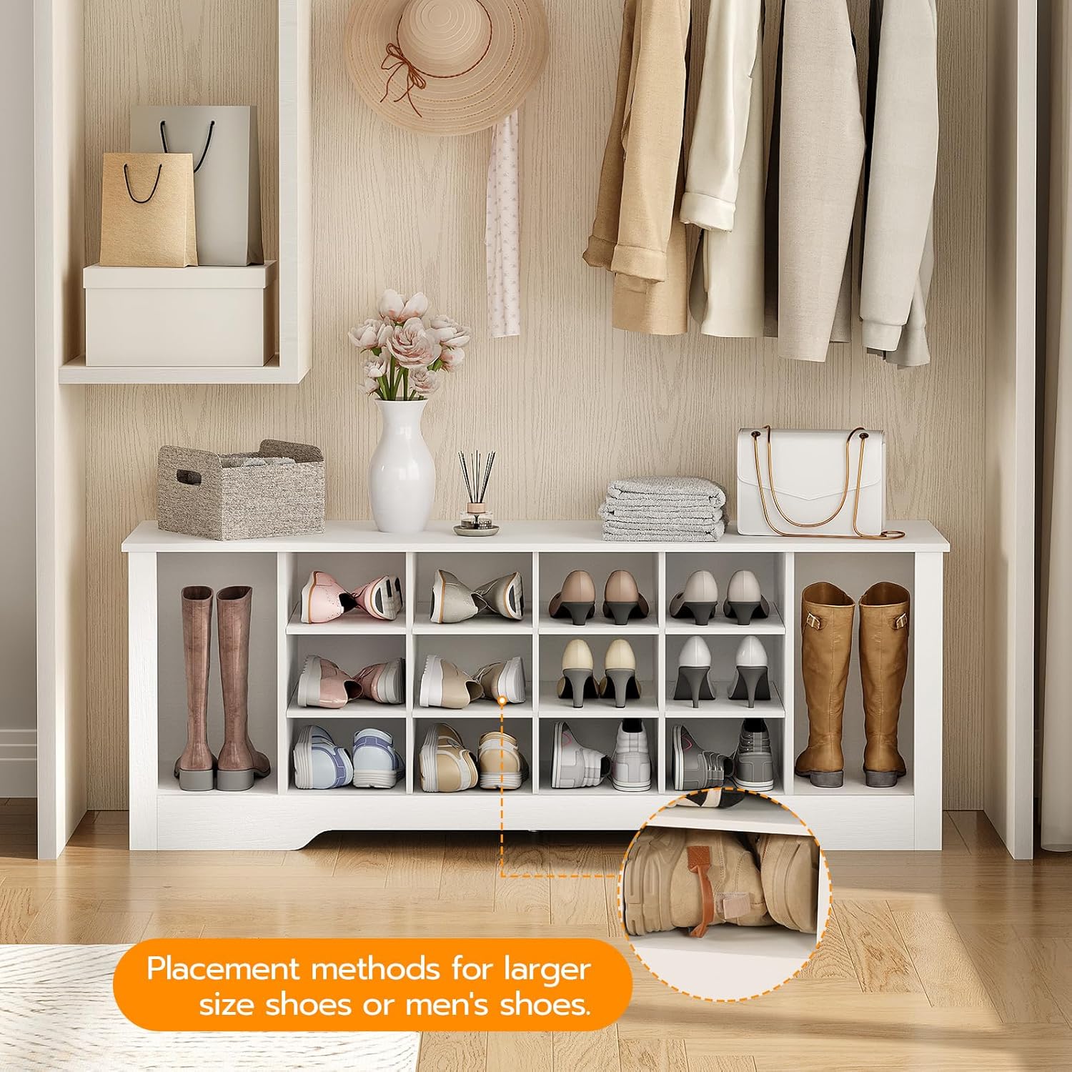 Banco de zapatos, banco de almacenamiento de zapatos de 18 cubículos, cubo multifuncional para zapatos, banco de entrada largo, estantes ajustables,