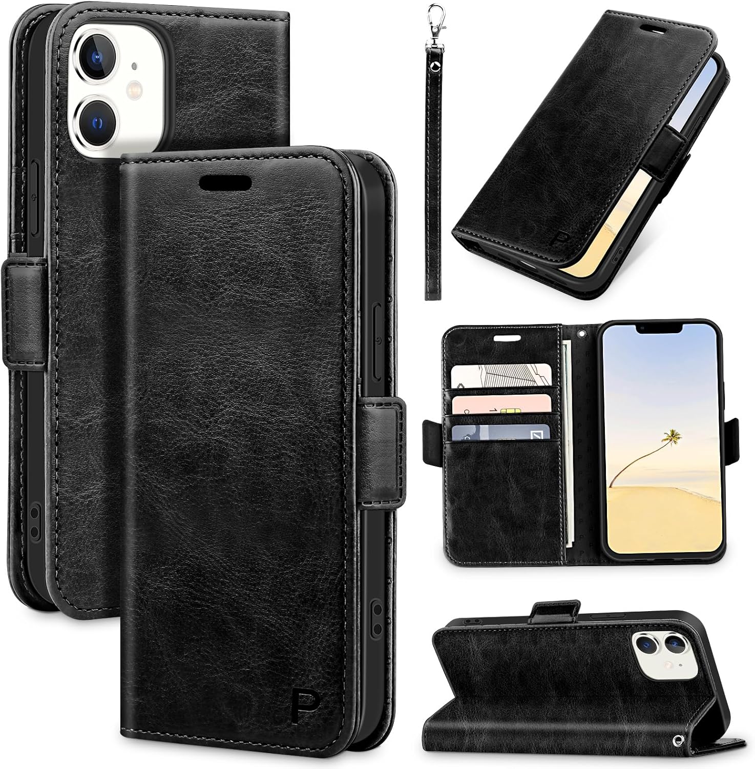 Funda de cuero con tarjetero bloqueo RFID 360 protección completa a prueba de golpes, cierre magnético, con ranuras para tarjetas y correa para la