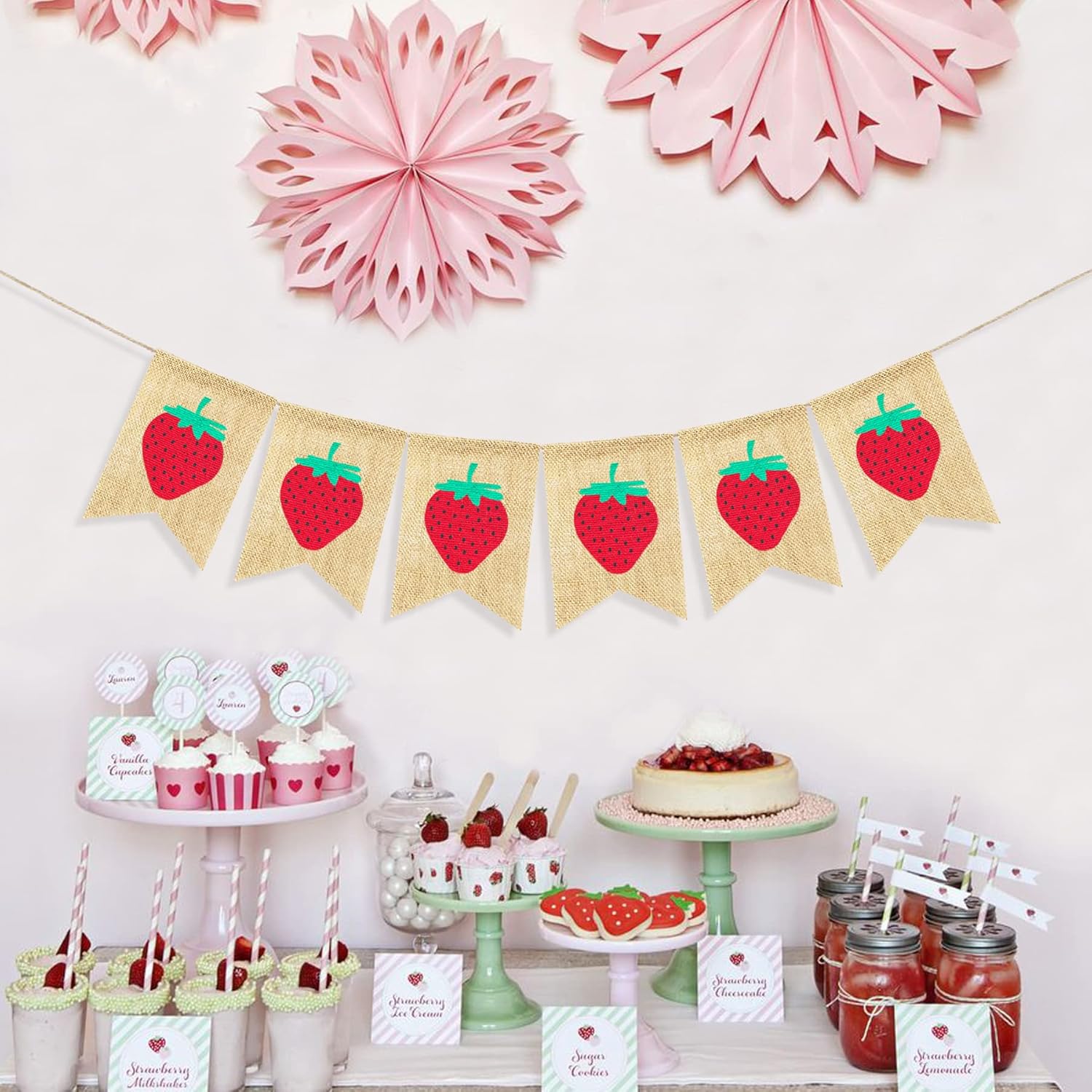 Guirnalda de arpillera de fresa, decoración de fiesta de cumpleaños con temática de fresa, suministros de decoración de fiesta de cumpleaños,