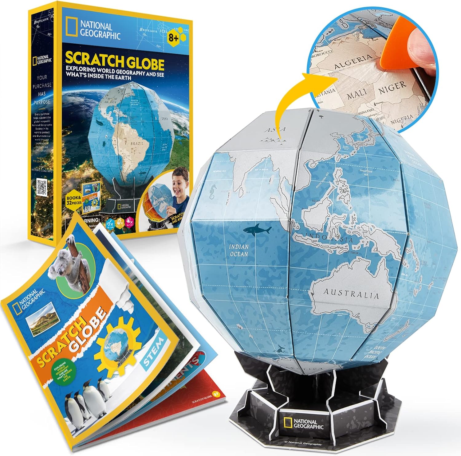 NATIONAL GEOGRAPHIC – Globo rascador para niños, juguetes STEM Earth Globe National Geographic rompecabezas 3D para niños, kit de ciencia, artes y