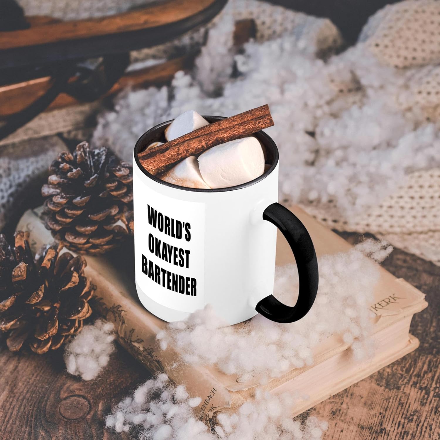 3dRose Worlds Okayest Bartender – Taza negra de dos tonos, 11 onzas