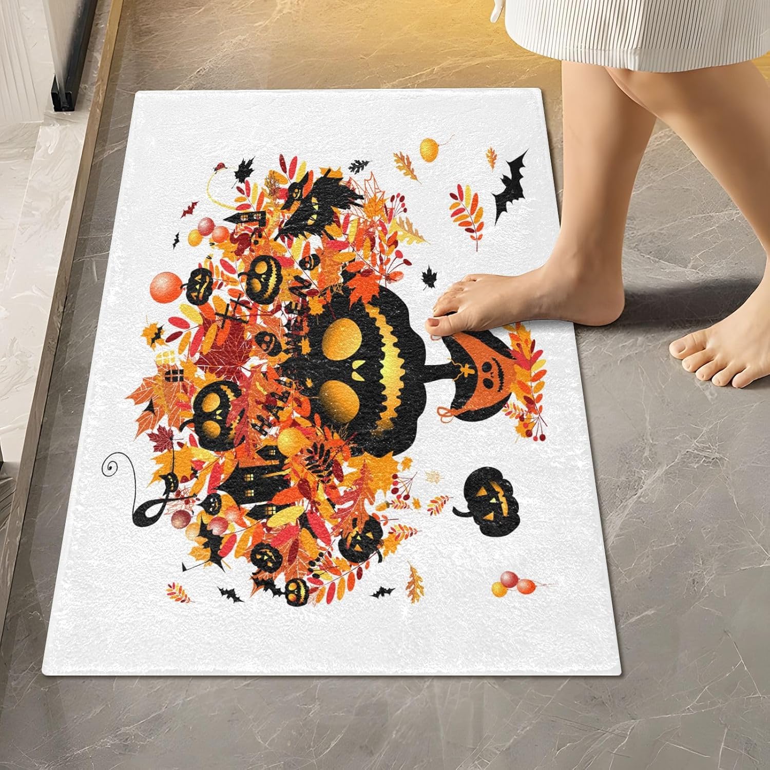 Juego de 2 alfombras de baño de calabaza y fantasma, antideslizantes, absorbentes de agua, alfombra de baño de arce rojo, alfombra de baño lavable,
