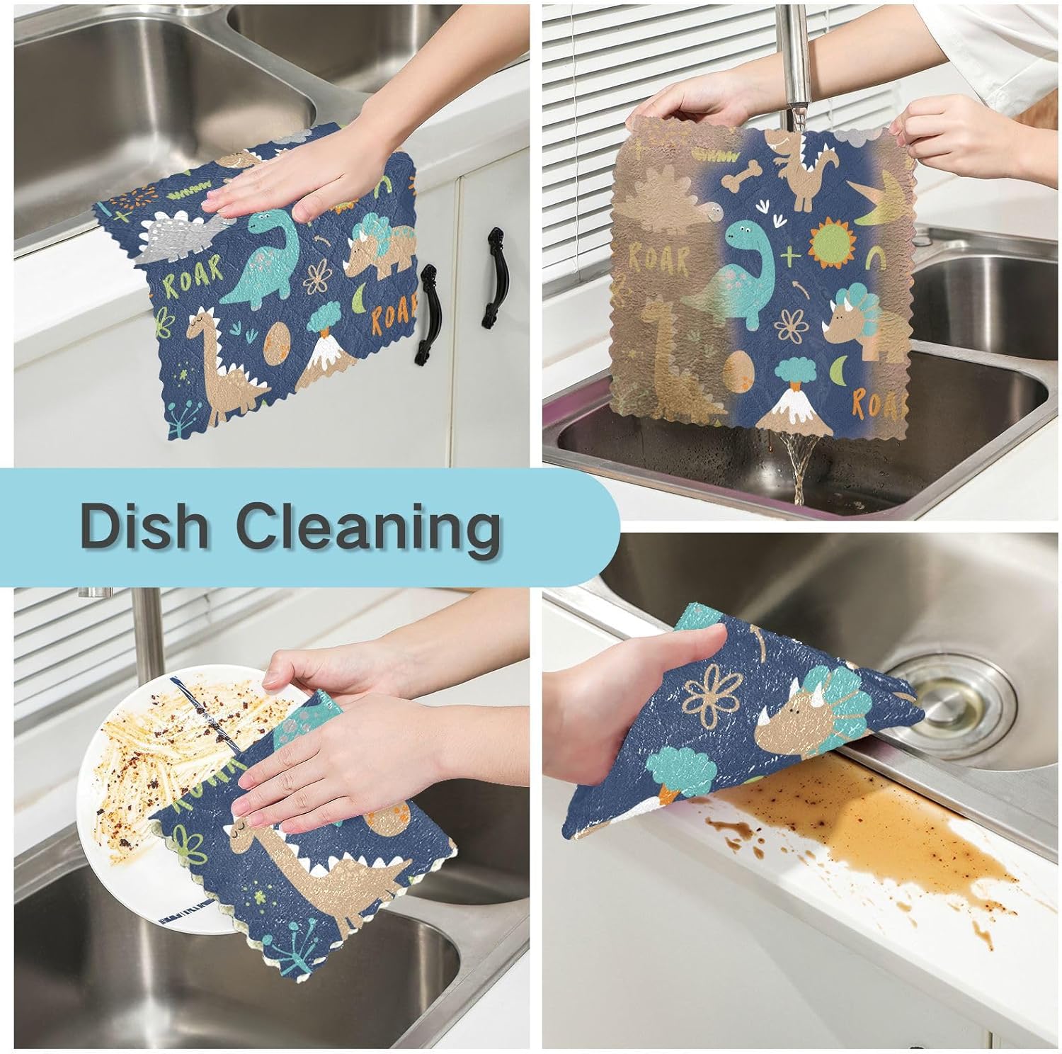 Dino Funny Cartoon Bones Blue Quality Print Microfiber Kitchen Towels Quick Dry 6 Pack Microfiber Absorbant Towel for Countertop Oven