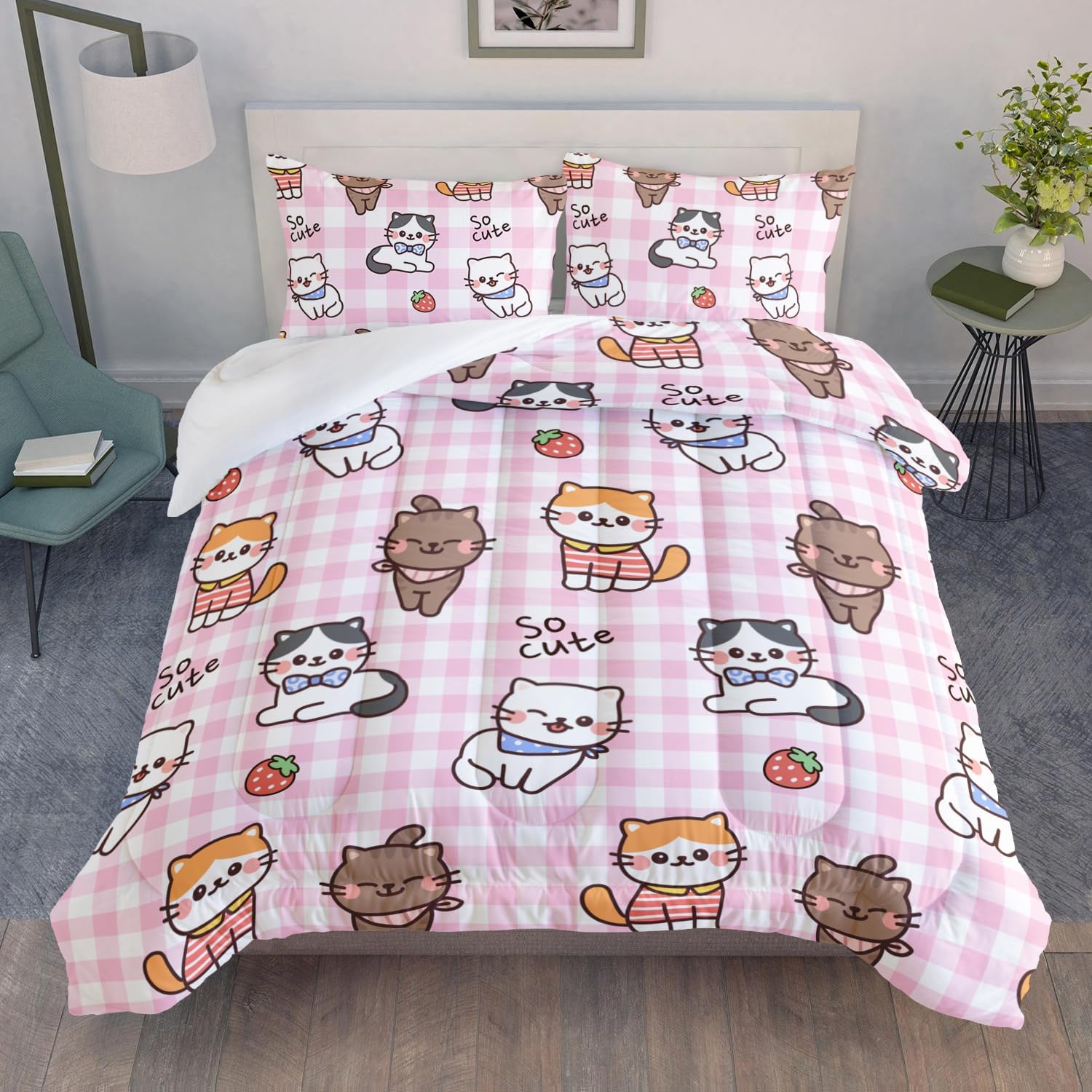 AILONEN Juego de edredón de gato tamaño matrimonial, lindo juego de ropa de cama para niños con diseño de fresas y gatos para decoración de