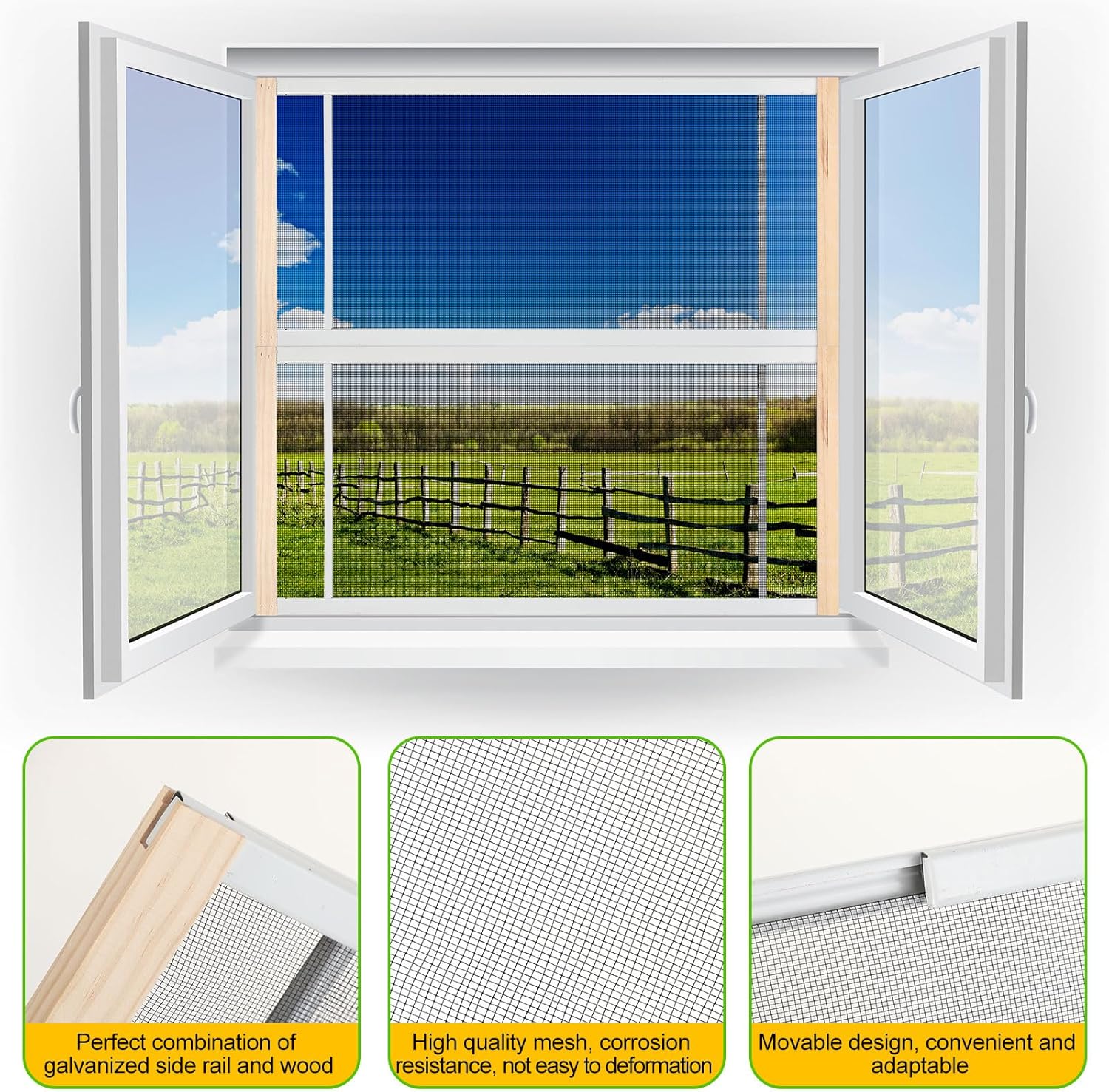 4 piezas de pantalla de ventana extensible ajustable deslizante de malla con rieles chapados en zinc y extremos de madera barnizada, pantallas de