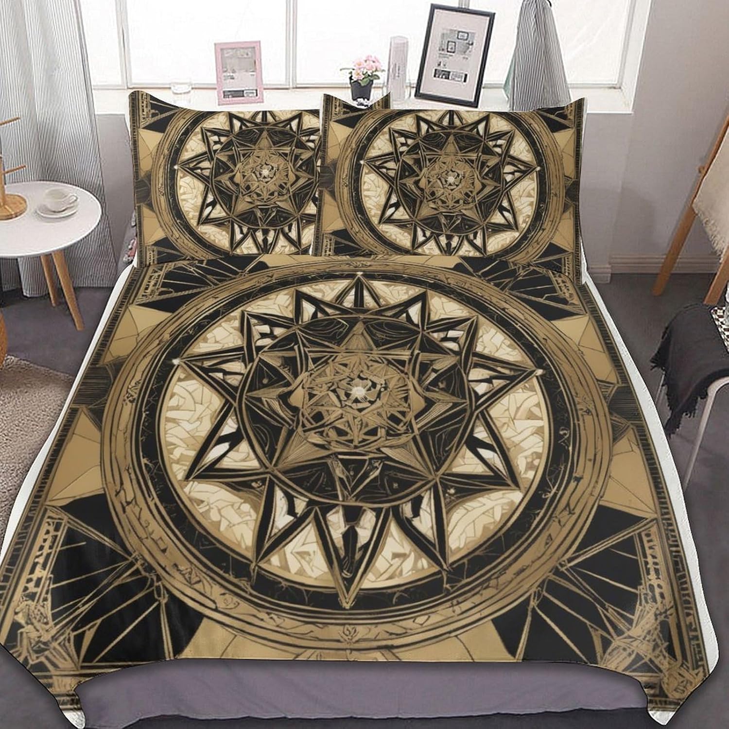 ZGDPBYF Juego de colcha de tamaño Queen, diseño de estrellas de cinco puntas, color negro y dorado, diseño geométrico bohemio para todas las