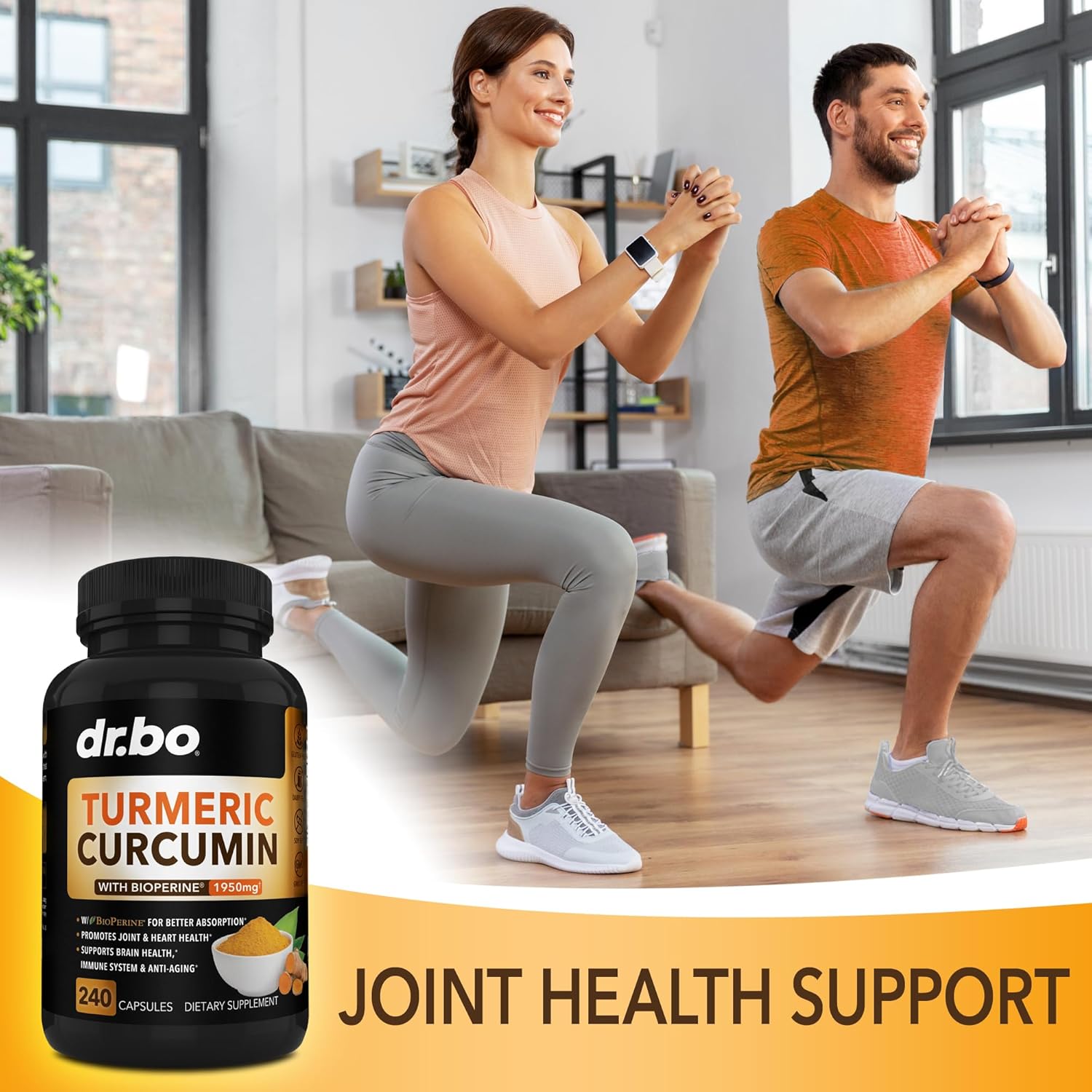 Curcumina de cúrcuma con cápsulas de suplemento BioPerine, suplementos naturales de apoyo articular con 1950 mg de cúrcuma Longa Pure Organic
