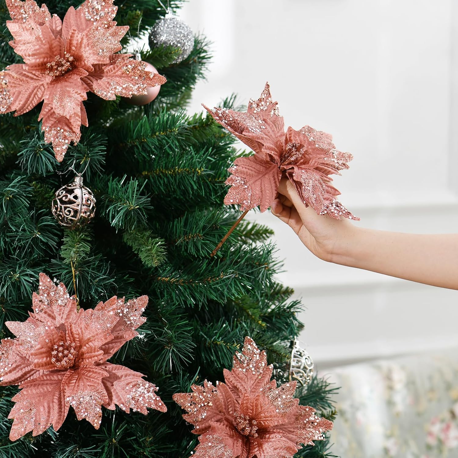 YSZL Juego de 10 palitos de flores artificiales de Navidad grandes con purpurina para decoración del árbol de Navidad, guirnalda de corona de Año