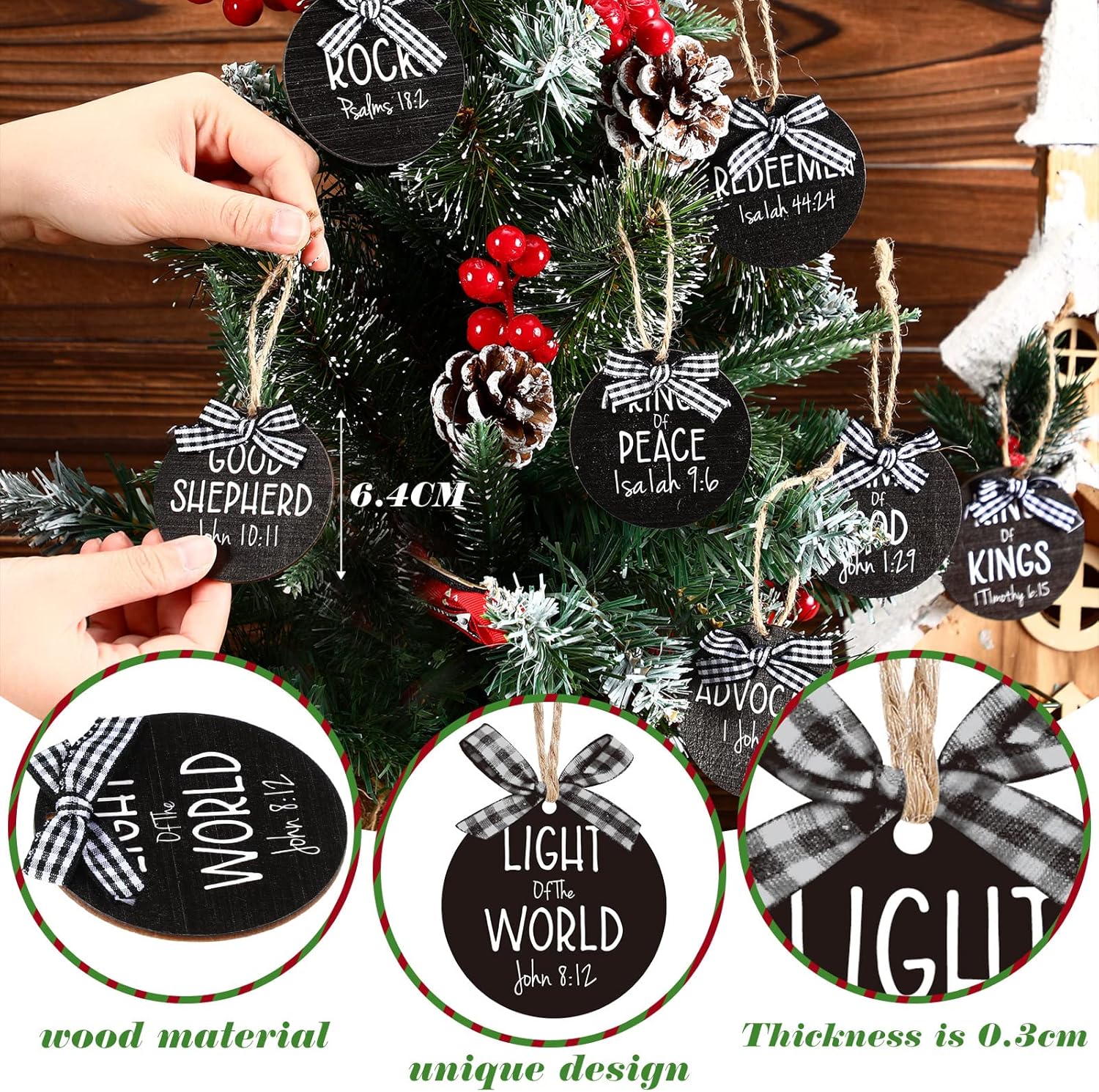 12 piezas de adornos navideños con nombres de Cristo, adornos colgantes de madera con nombres de salvador, adorno para árbol de Navidad con bolsa de