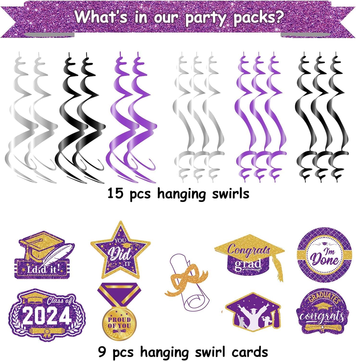 Decoraciones de graduación morado, negro y dorado 2024morado dorado, decoraciones de fiesta de graduación NYU, 15 espirales colgantes de clase de