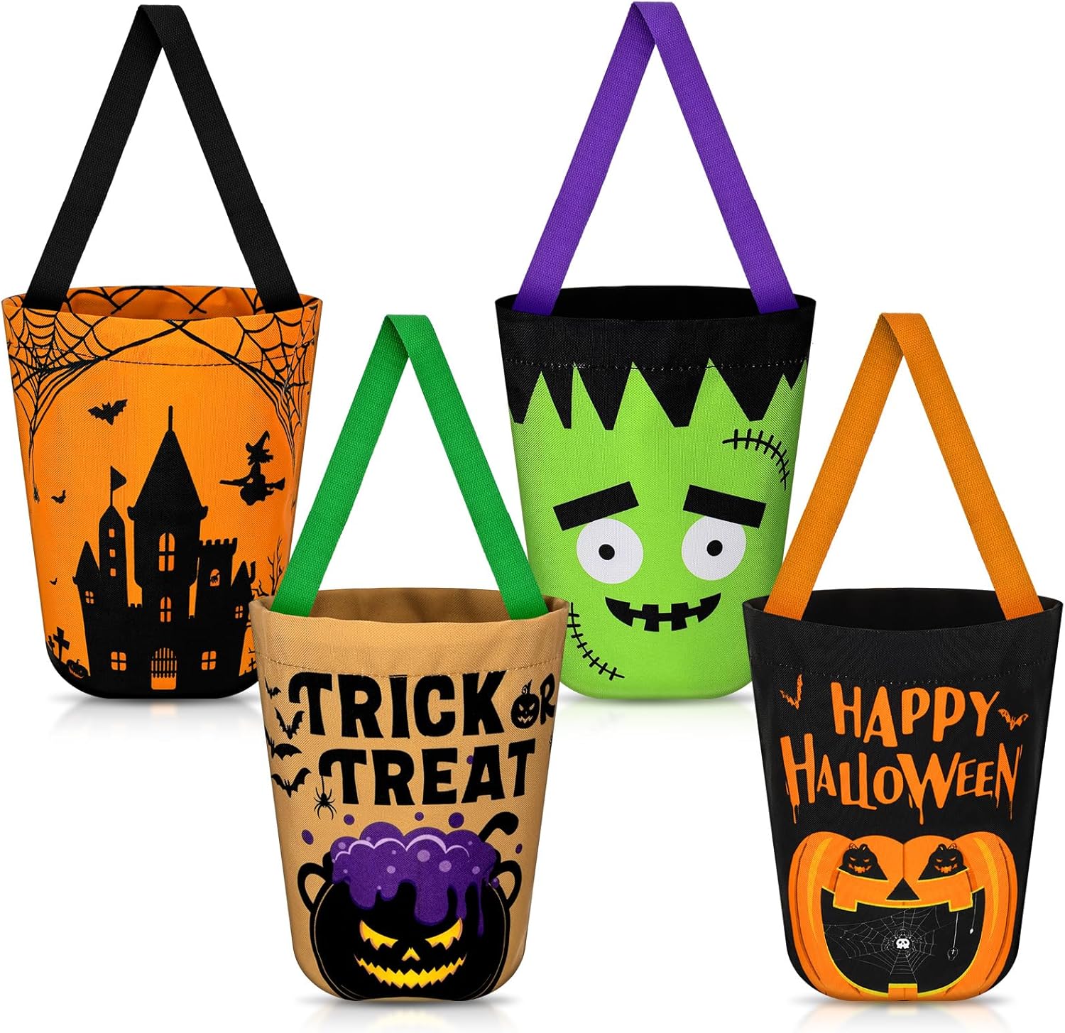 4 bolsas de Halloween para trucos o tratos, plegable, de lona, para caramelos, calabaza, murciélago, cubo de golosinas, cubo de golosinas