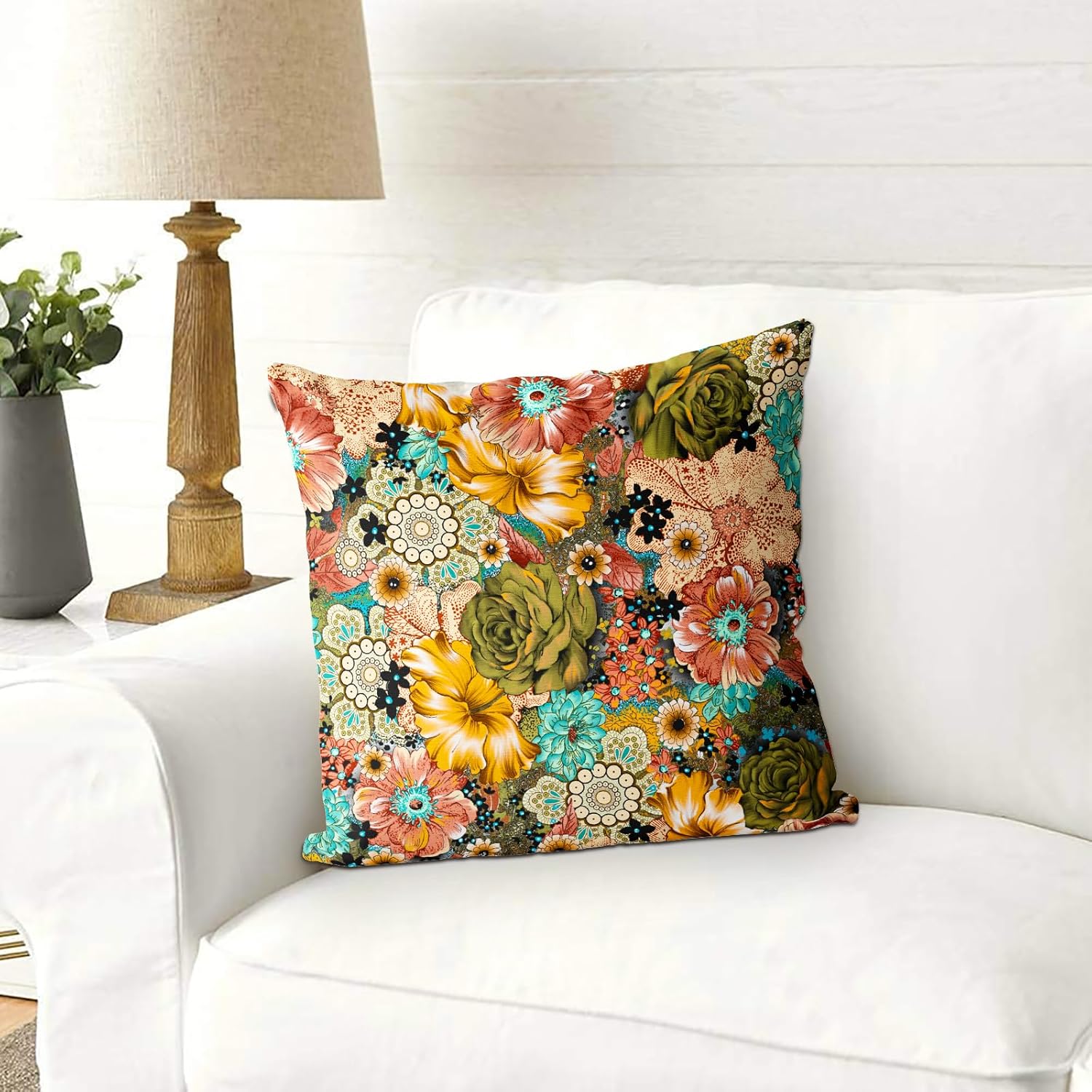 Juego de 2 fundas de almohada florales bohemias de 20 x 20 pulgadas, fundas de cojín bohemias con estampado de flores vintage de terciopelo de doble