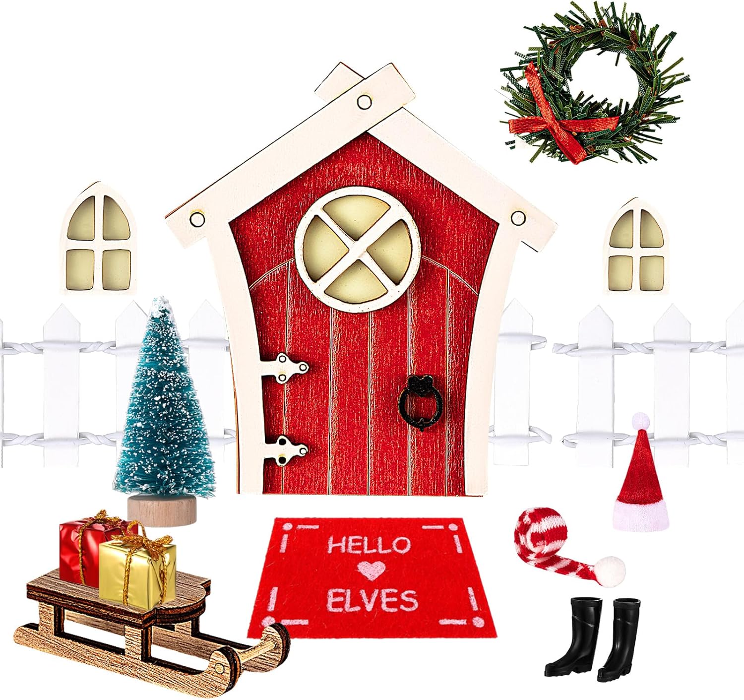 Kit de puerta de hadas de elfo de Navidad, puerta de niña de hadas roja, miniatura de madera para accesorios de Navidad, cuento de hadas,
