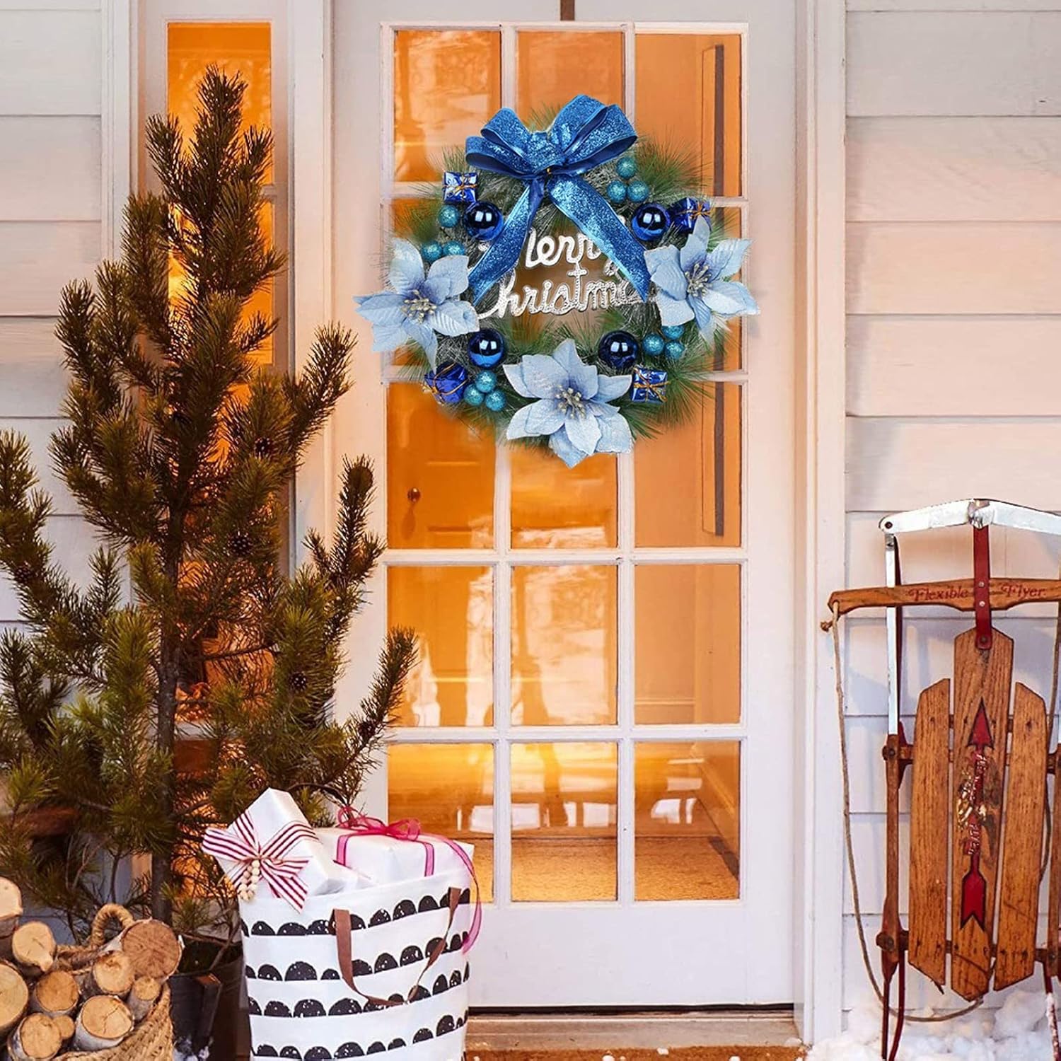 Corona de Navidad para puerta delantera con detalles azules, lazo para decoración de puerta delantera, 12 pulgadas, para pared exterior, interior,