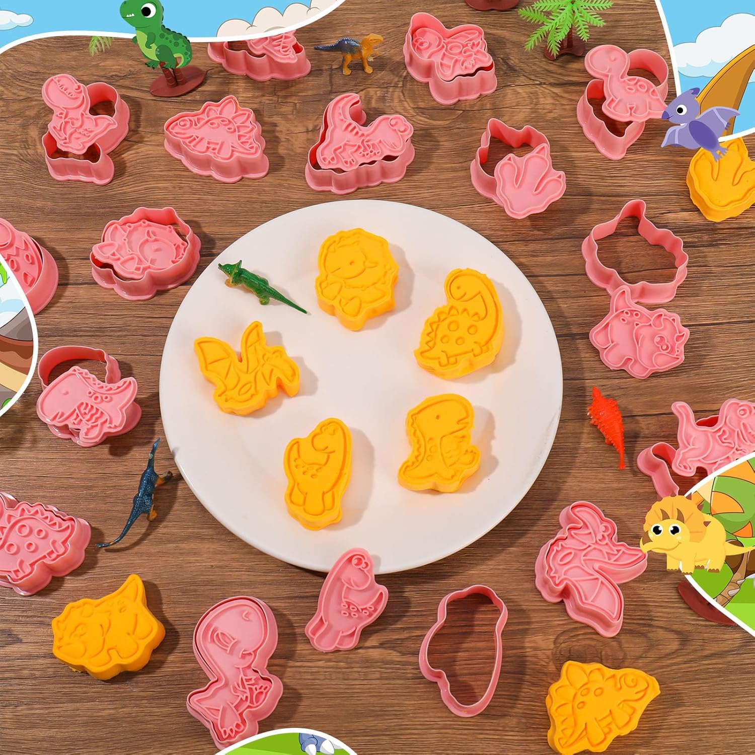 Jspupifip Juego de 16 cortadores de galletas de dinosaurio, sellos de émbolo de galletas de dinosaurio 3D, moldes de prensa divertidos de animales
