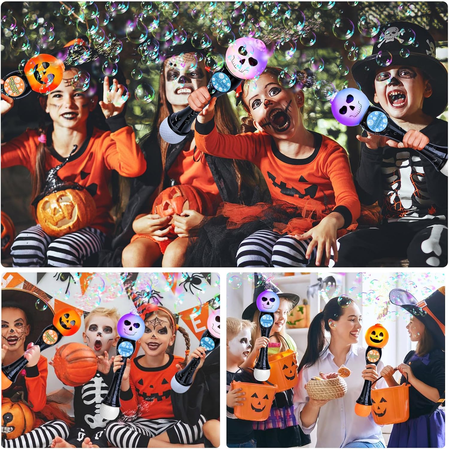 Paquete de 2 varitas sopladoras de burbujas con luz de Halloween, máquina de burbujas brillantes de calabaza y fantasma con 4 soluciones de