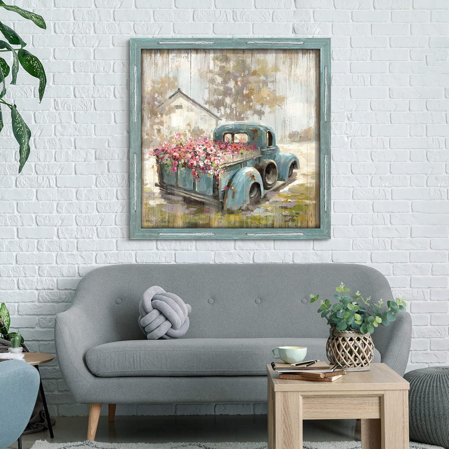 Arte de pared de granja Imagen de madera Granero de granja enmarcada decoración rústica paisaje de campo viejo camión con flores impresión campo