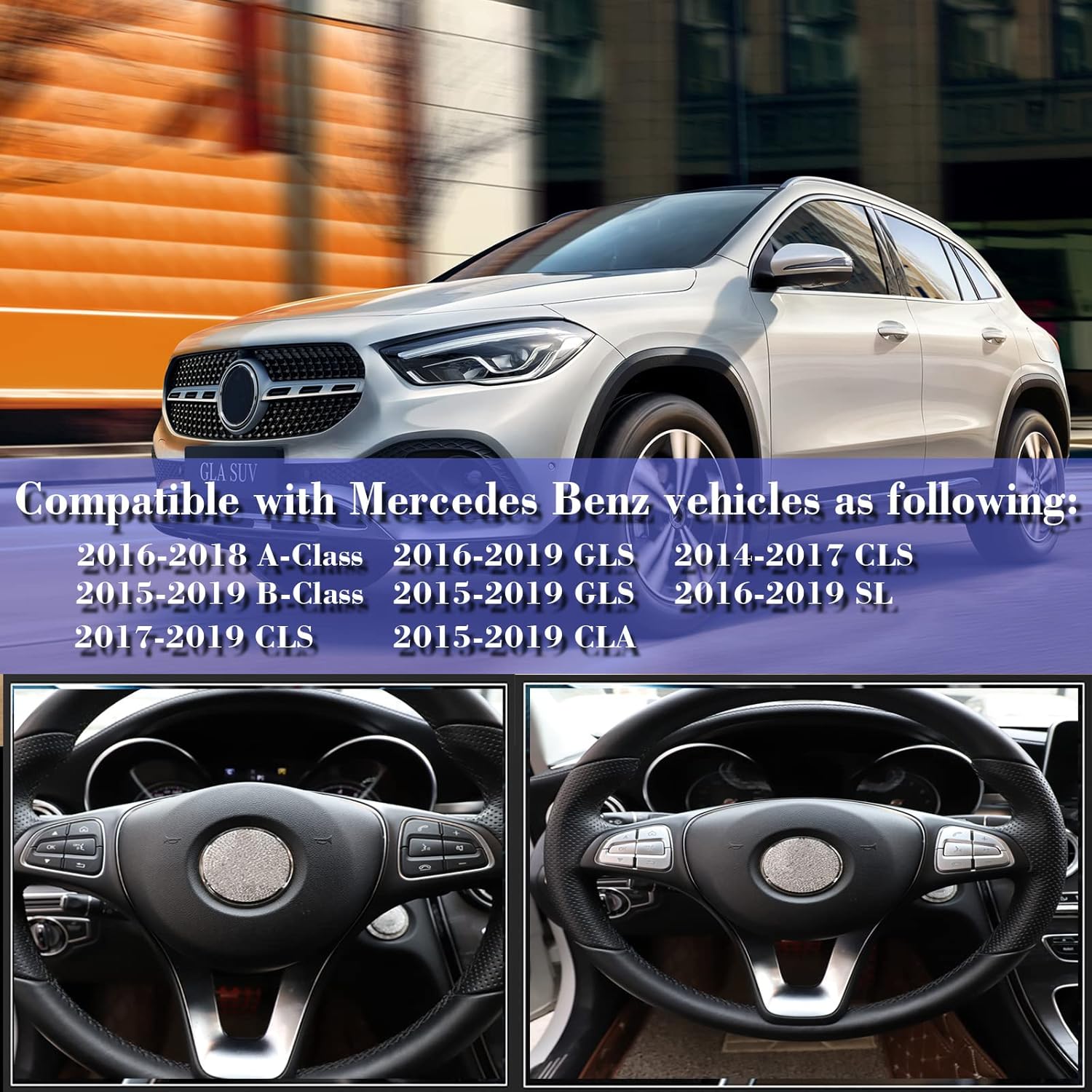 Cubierta plateada para botón de volante para decoración interior de automóvil, compatible con Mercedes Benz CLACLSSLMLGLGLKGLAA B C E G Class