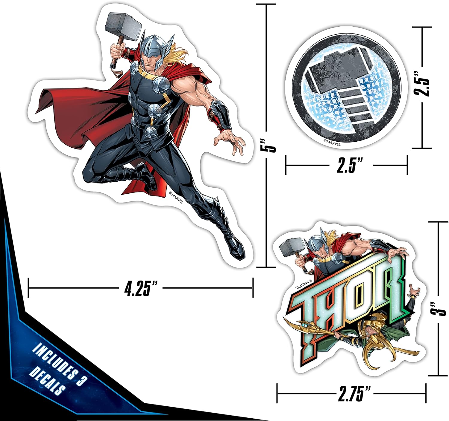 Marvel Thor – Juego de 3 calcomanías de vinilo para exteriores, para automóvil, laptop, computadora, botella de agua, calcomanías de Marvel para