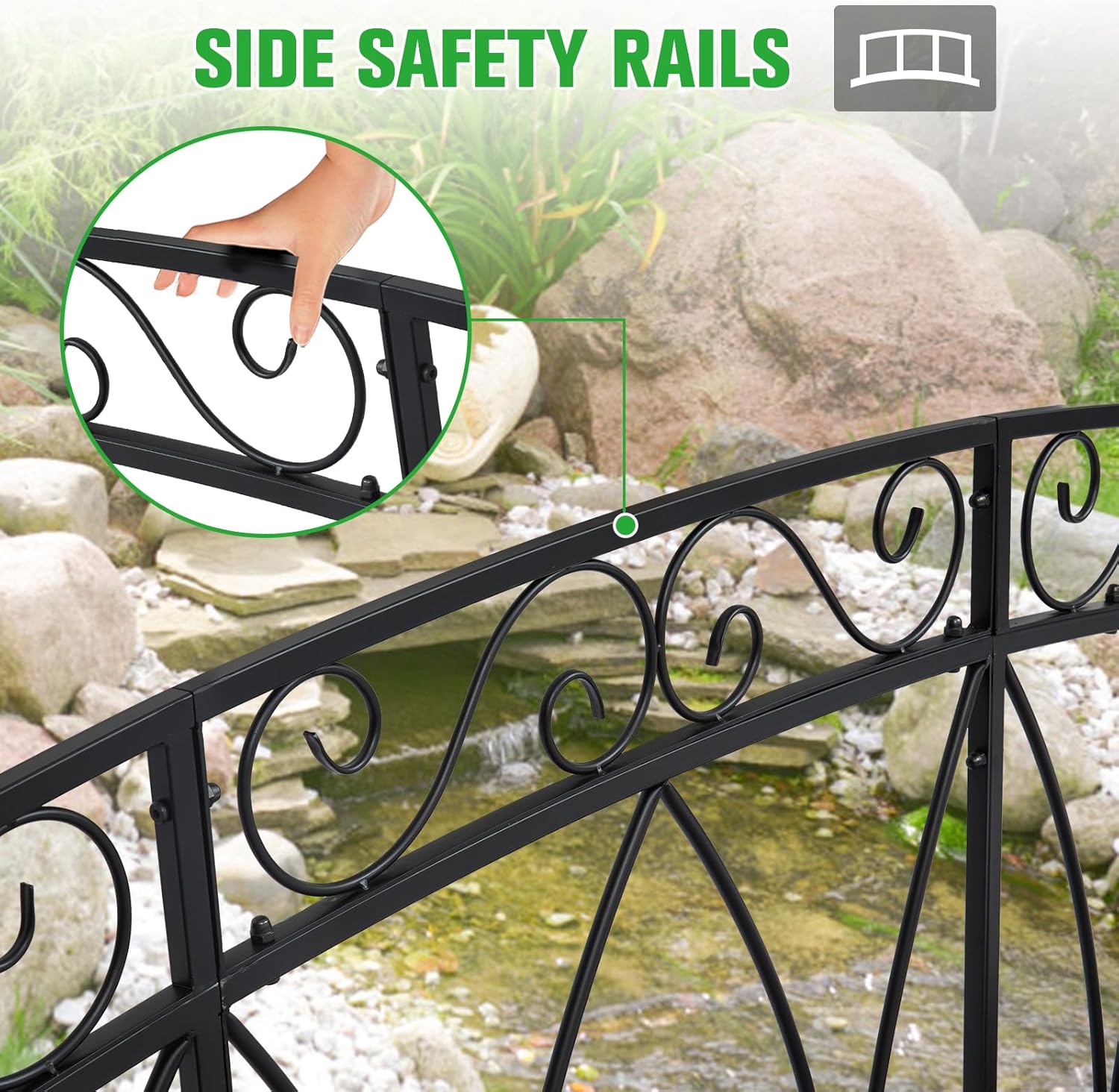 Puente de jardín de metal de 8 pies con carriles laterales con patrones de seguridad, puente de arco de jardín extralargo decorativo para