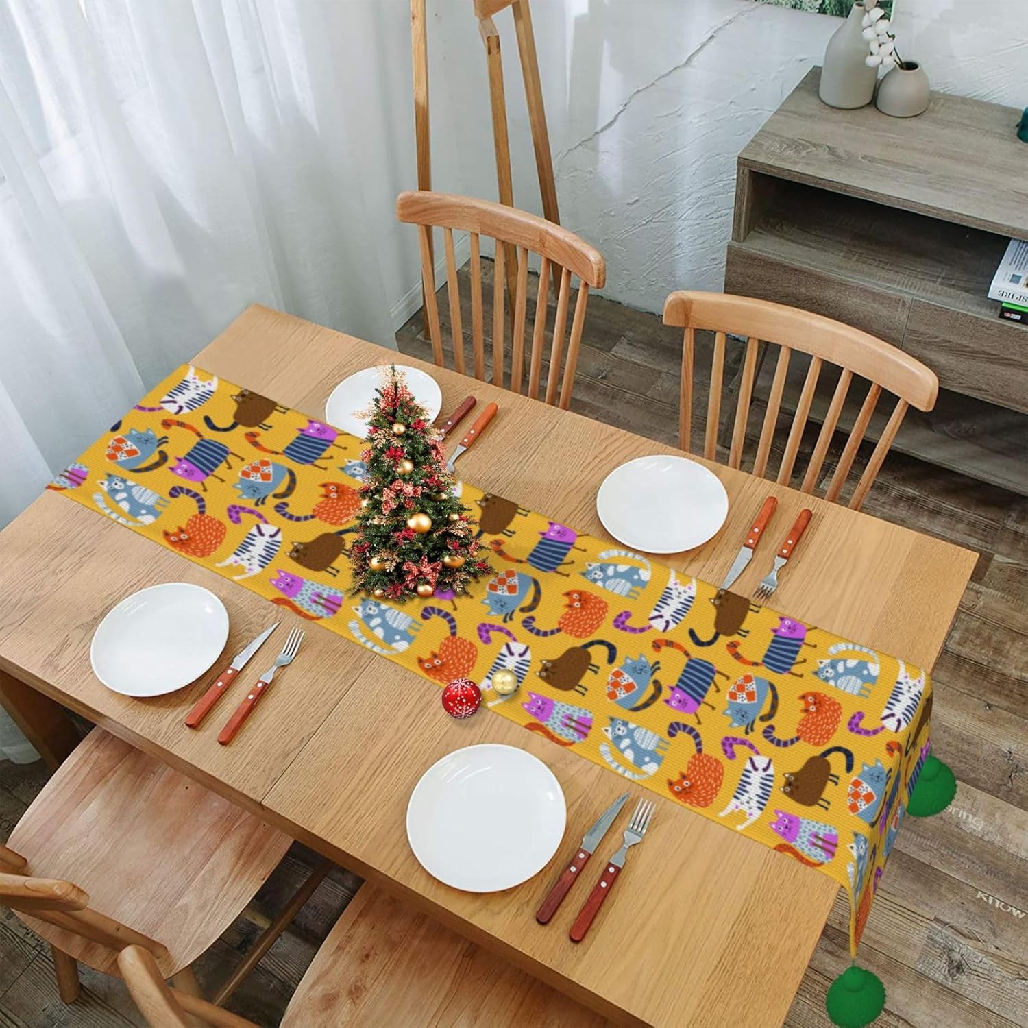 Cats Scandinavian Style Christmas Table Runner Dining Table Decor Christmas Decorations Indoor Home Decor Christmas Table Runners Xmas Navidad