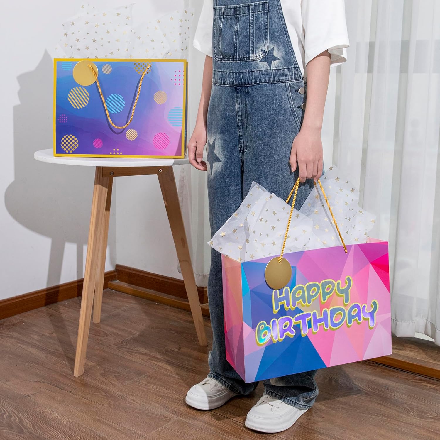 Bolsa de regalo de cumpleaños láser de 16 pulgadas con papel de seda, bolsa de regalo extra grande para regalos, bolsa de regalo de cumpleaños