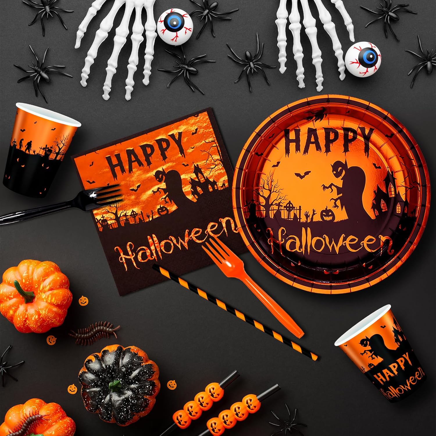 Suministros para fiestas de Halloween sirven 24 platos desechables para fiestas, platos desechables de Halloween, vasos de papel, servilletas de