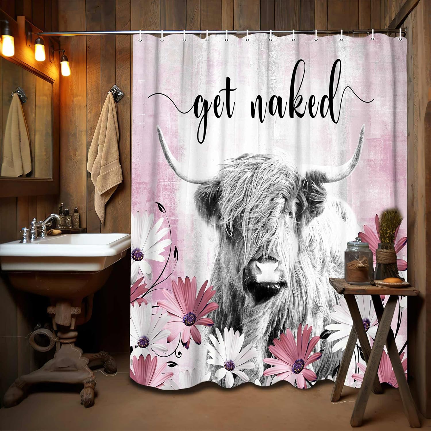 Juego de cortinas de ducha divertidas de vaca de las tierras altas, cortinas de ducha divertidas para baño con diseño de vaca rústica, tela de
