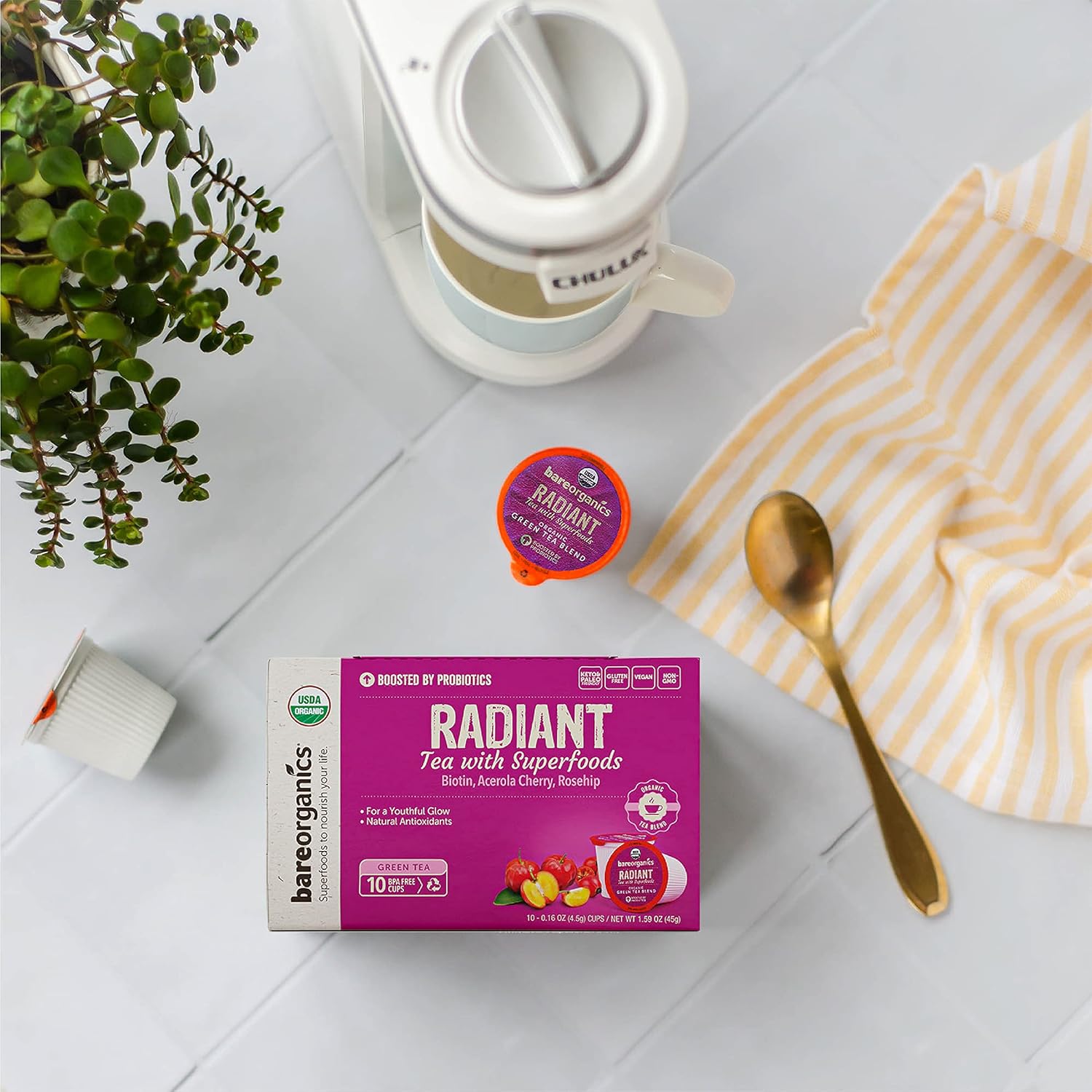 BareOrganics Té radiante con superalimentos y probióticos  Cápsulas de té compatibles con Keurig K-Cup  Certificado USDA orgánico, vegano, sin OMG y