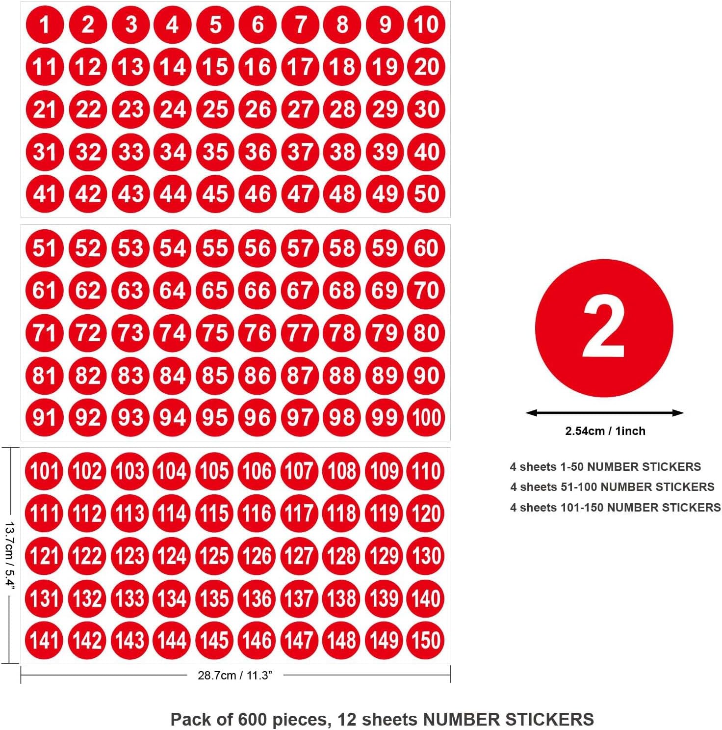 H2MTOOL – Calcomanías de números, 12 hojas, 600 piezas de 1 pulgada 1-150 etiquetas de números consecutivos para oficina, aula, organización de