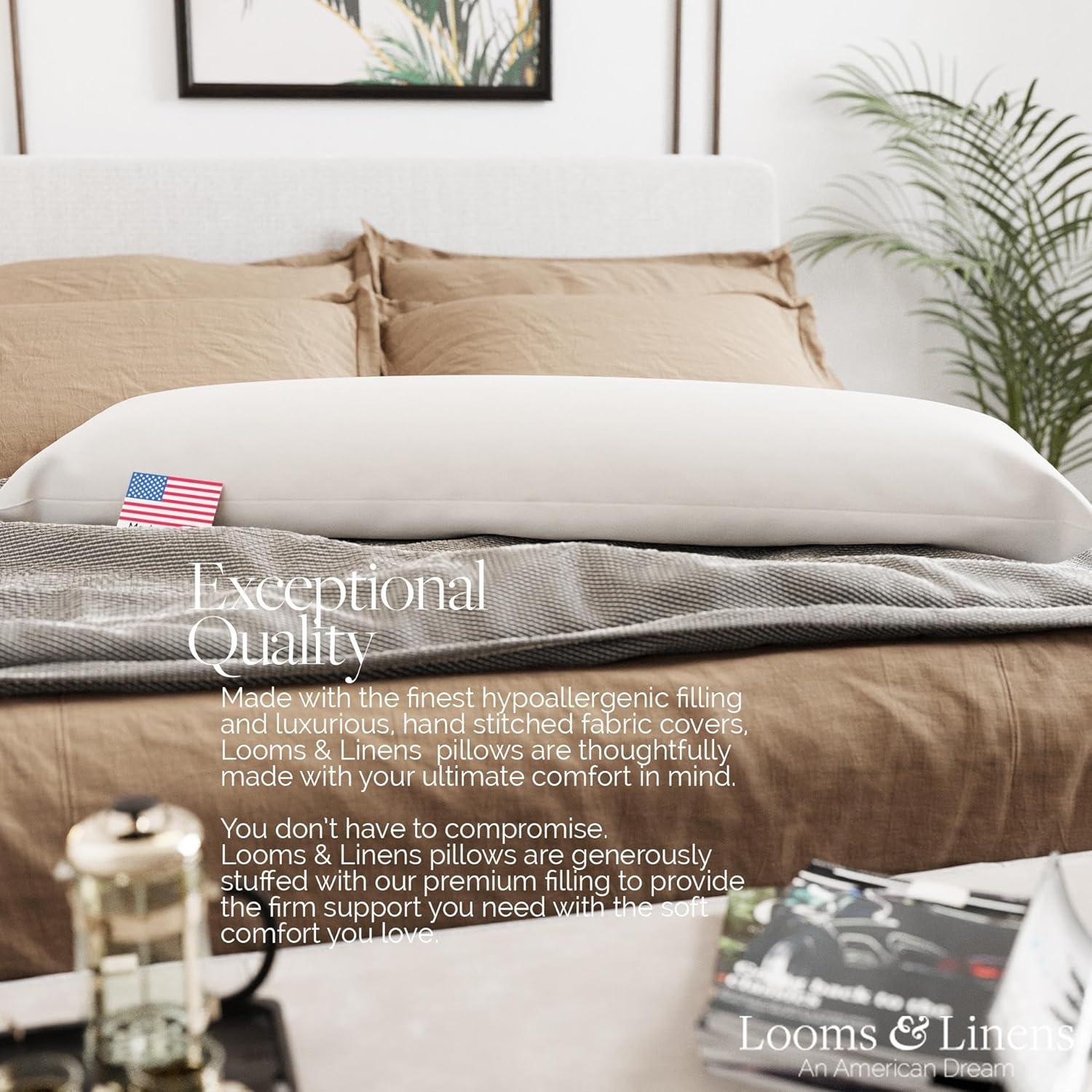 Looms & Linens An American Dream Dakimakura – Almohada de cuerpo largo de 54 pulgadas, relleno de almohada hipoalergénica para dormir, fabricado en